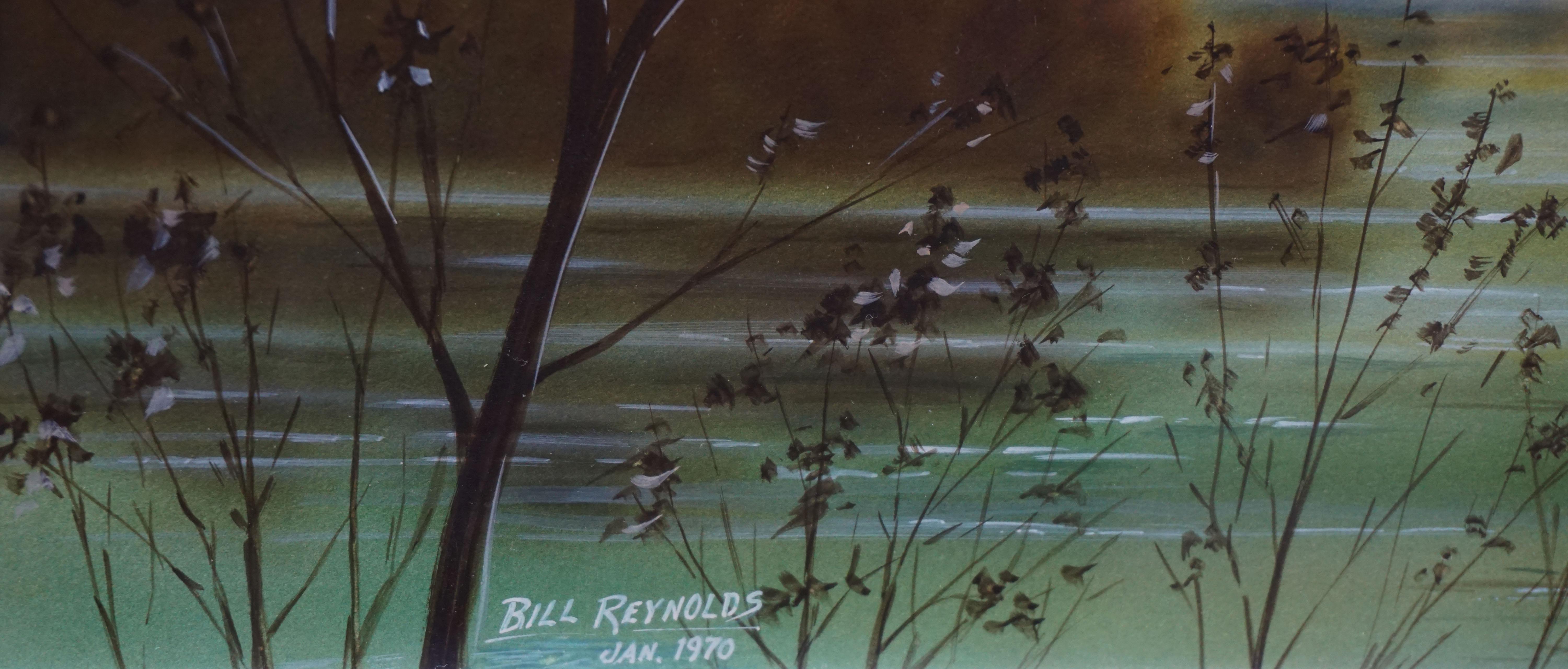 Wunderschönes Aquarell/Gouache-Gemälde einer Entenfamilie, die in der Morgendämmerung in einem See schwimmt, von Bill Reynolds (Amerikaner, 1918-2008), 1970. Der Vordergrund ist scharf abgebildet, während der Hintergrund in eine