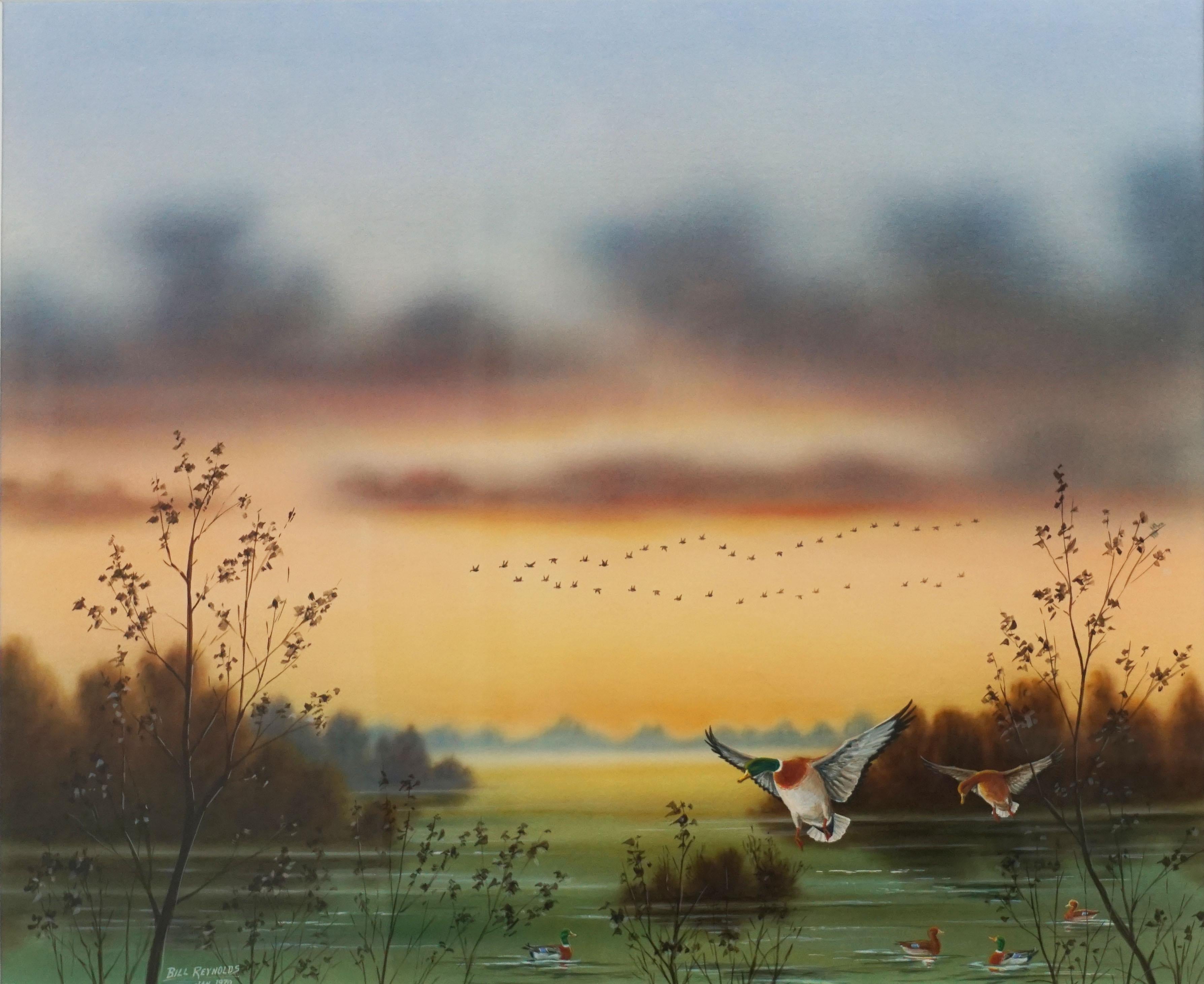 Breath of Dawn, 1970's Sunrise Lake Landscape  - Painting by Bill Reynolds