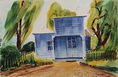 Returning Home, Watsonville California Blue Farmhouse Landscape Watercolor 