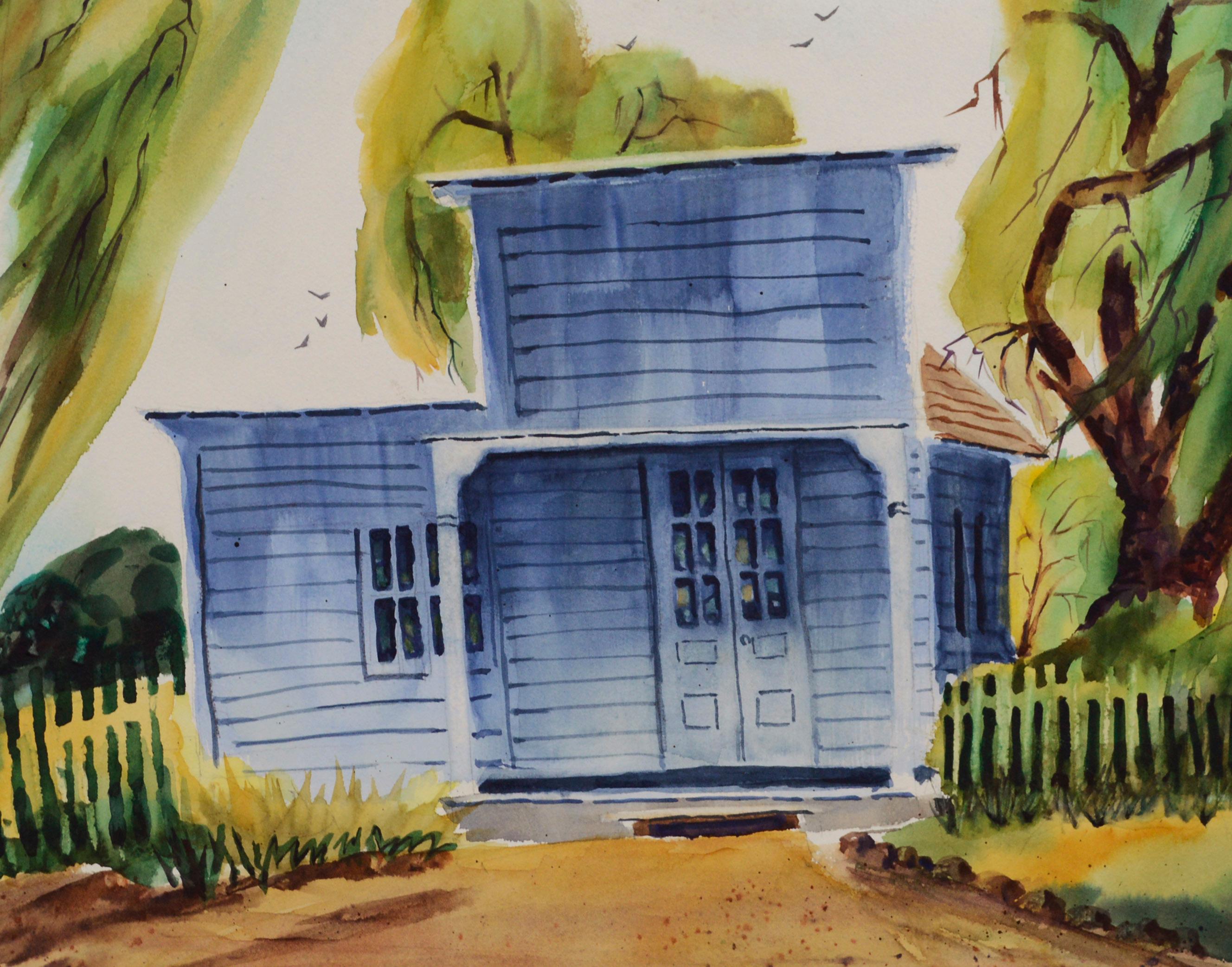 De retour à la maison, Watsonville, Californie, aquarelle de paysage de ferme bleue  - Art de L. Heebner