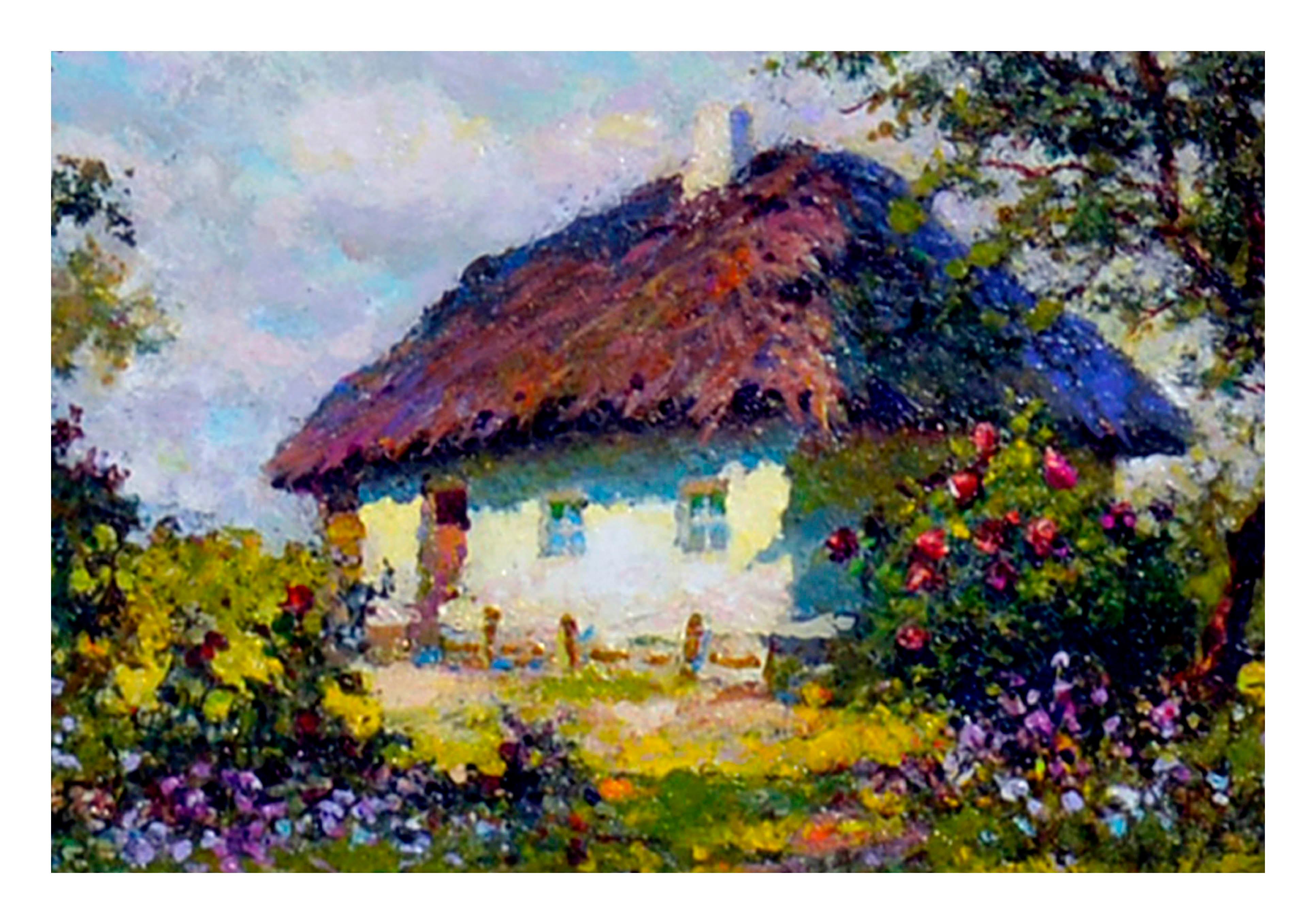 Paysage de cottage de printemps - Gris Landscape Painting par  Anatoly Petrovitch Krisochenko