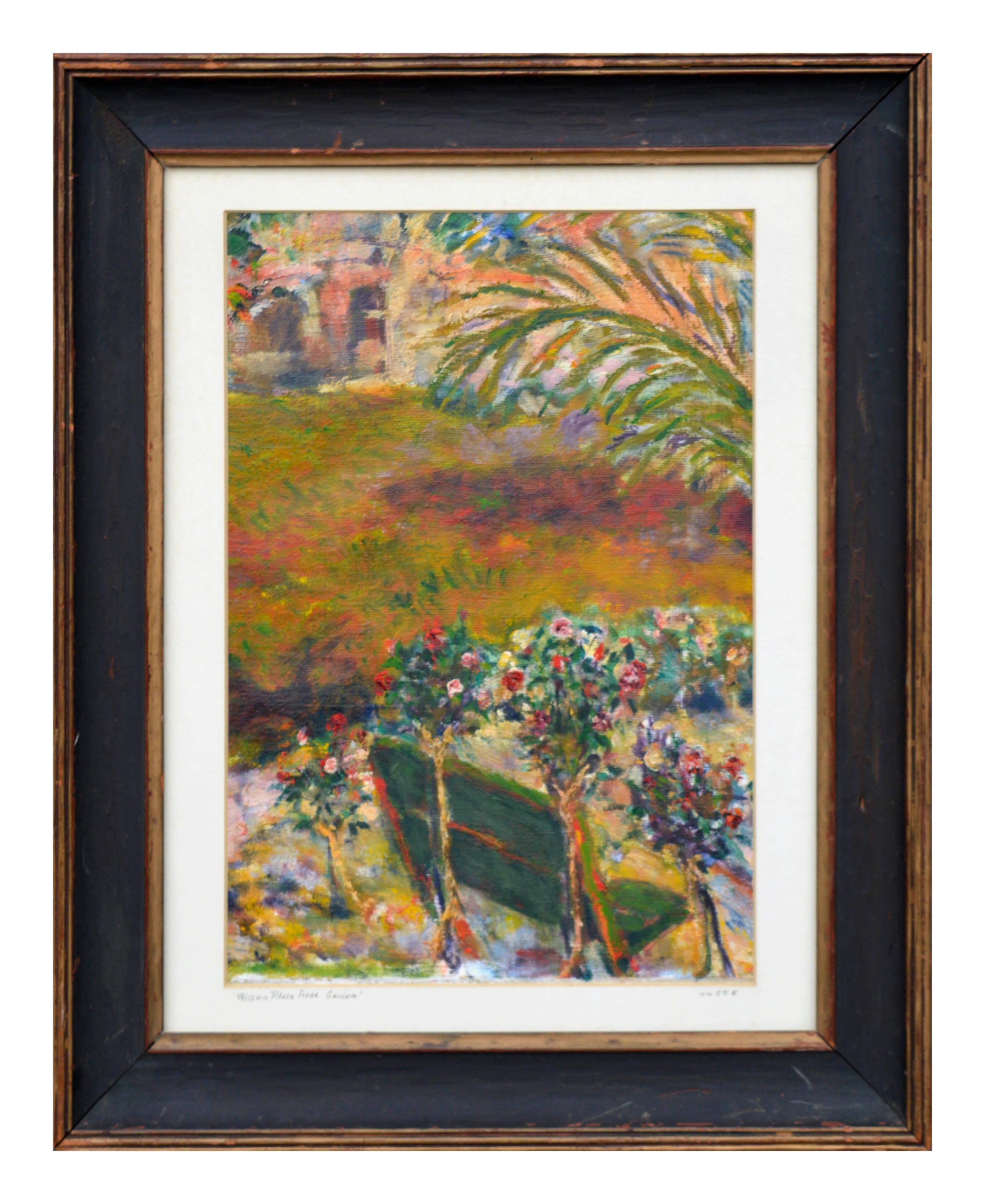 Mark Dante Ewald  Landscape Painting - Santa Barbara Mission Plaza Rose Garden Landscape
