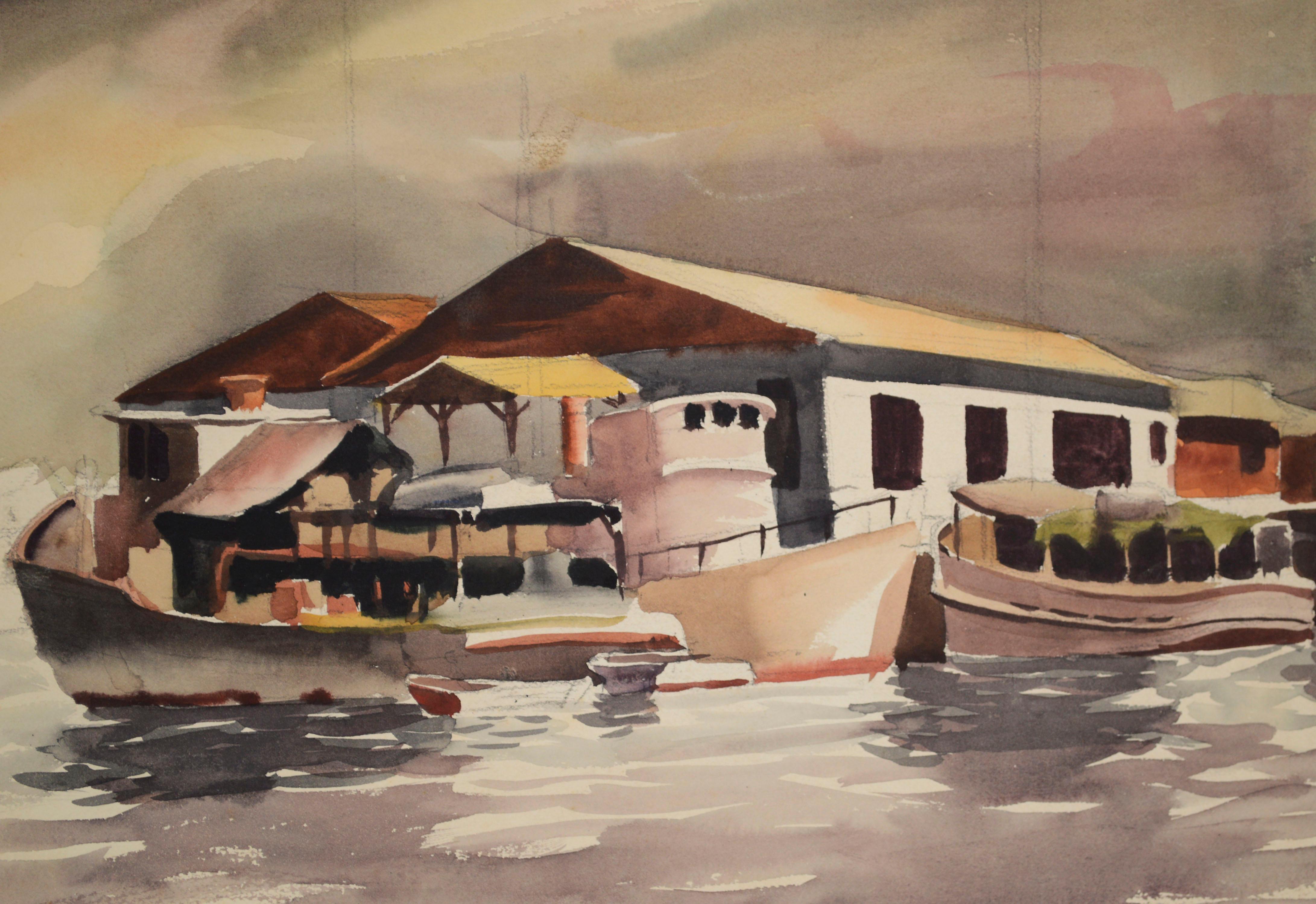 C Campbell Landscape Painting - Boats in Harbor, Mid Century Double-Sided Watercolor 