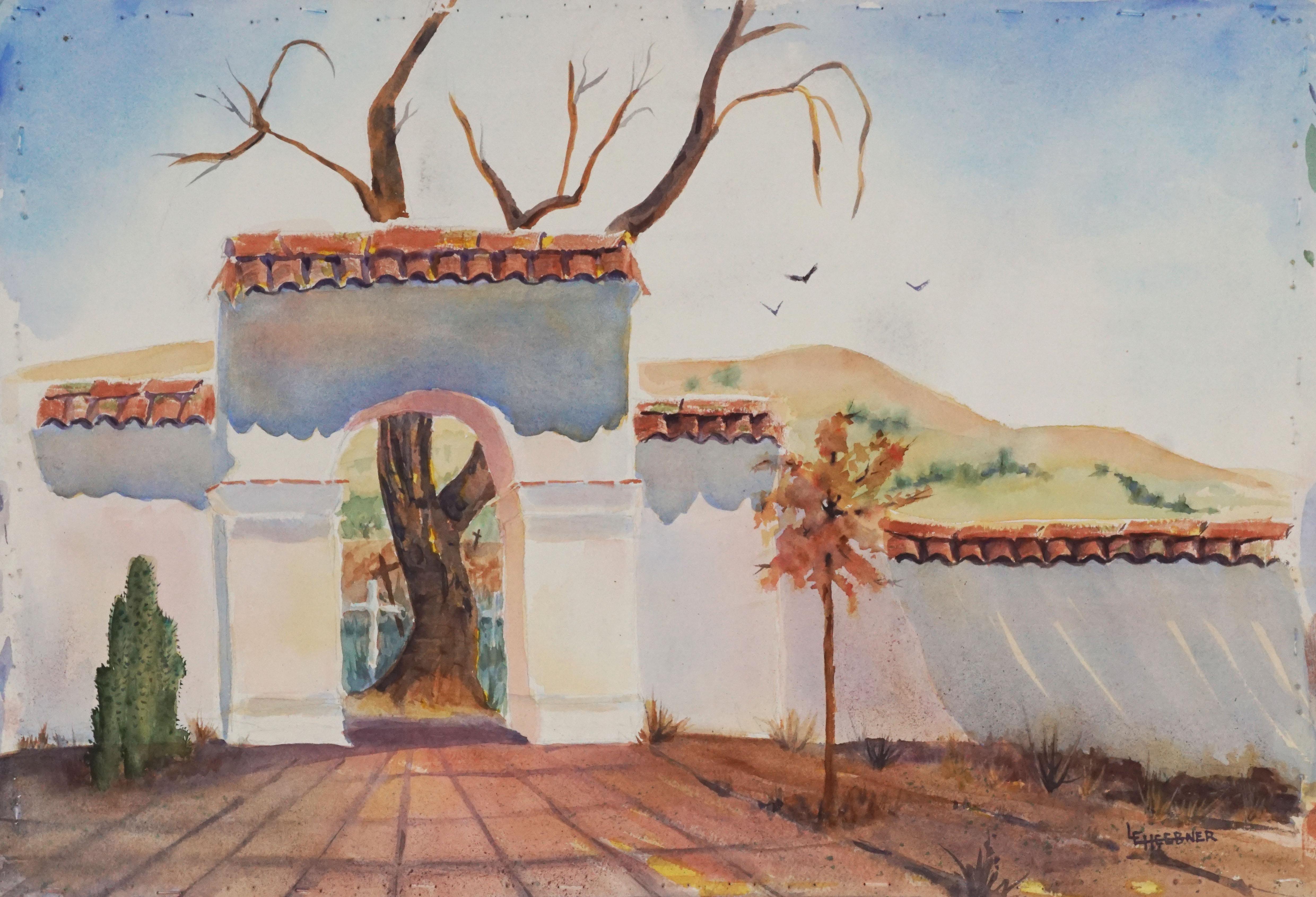 Lillie E. Heebner Landscape Painting - Santa Cruz Mission- Double Sided Watercolor By Lillie Heebner