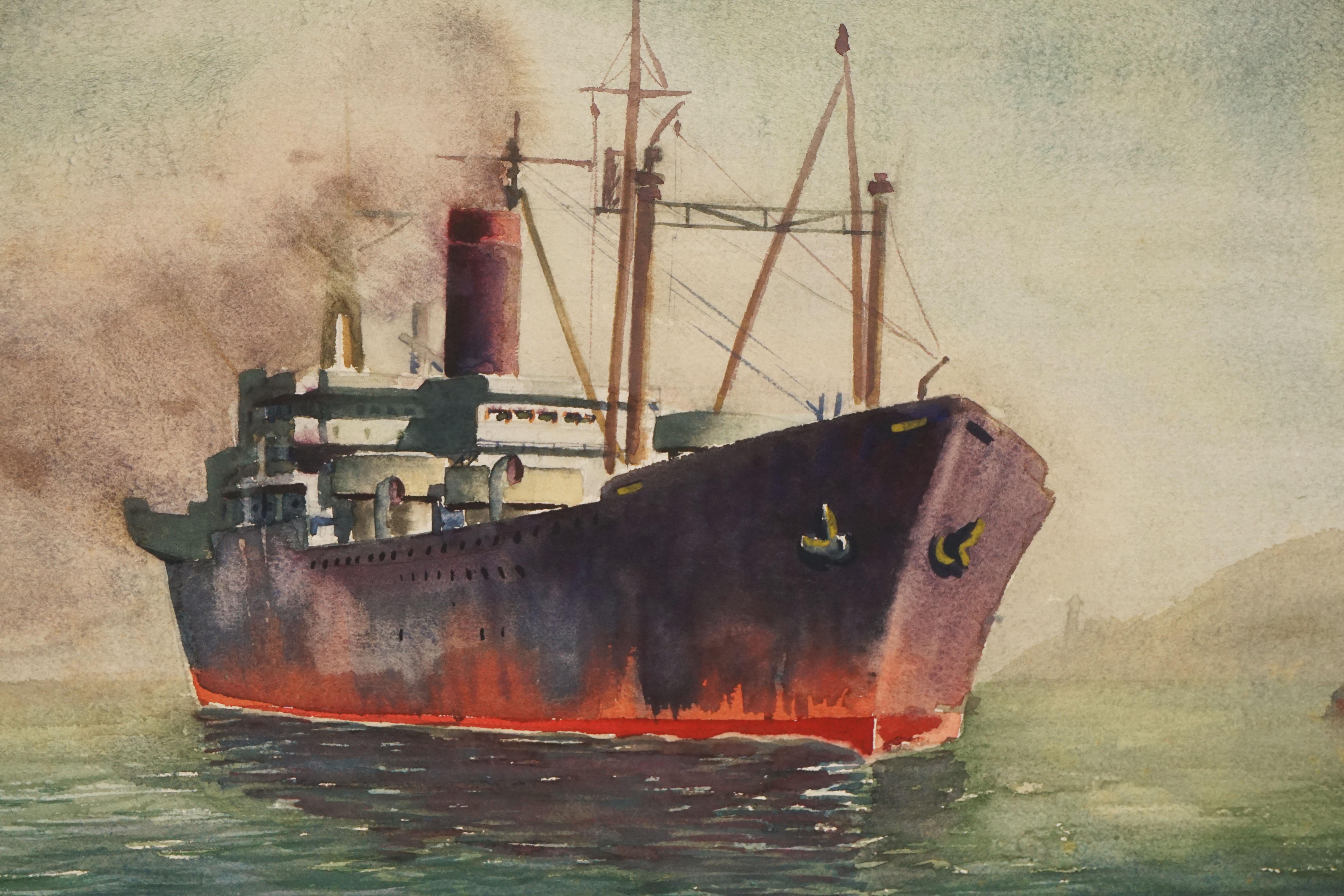 Ship at Sea / Winter Landscape, Mid Century Double-Sided Watercolor - Painting by Lillie Heebner