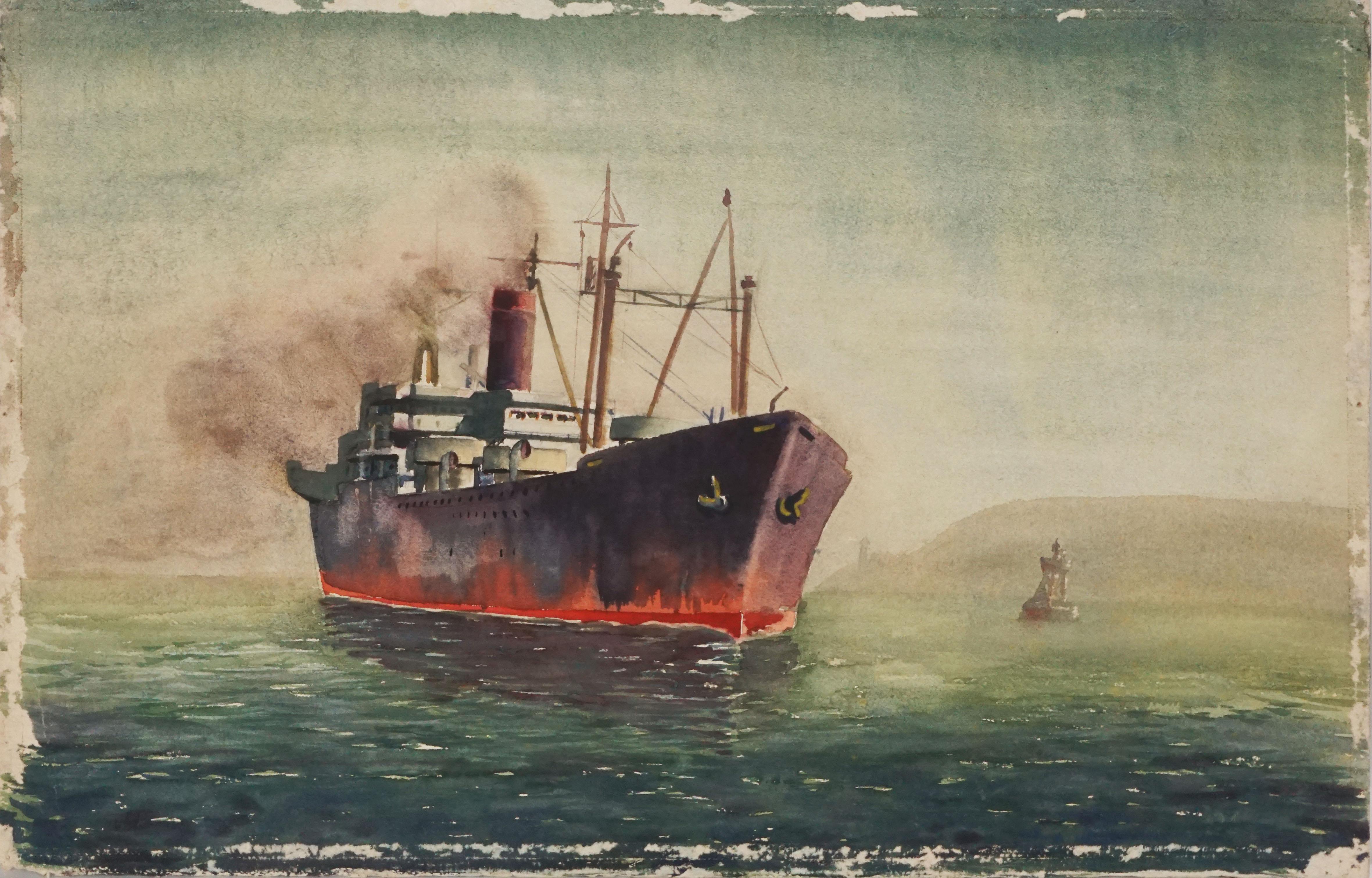 Landscape Painting de Lillie Heebner - Barco en el mar / Paisaje invernal, acuarela de doble cara de mediados de siglo