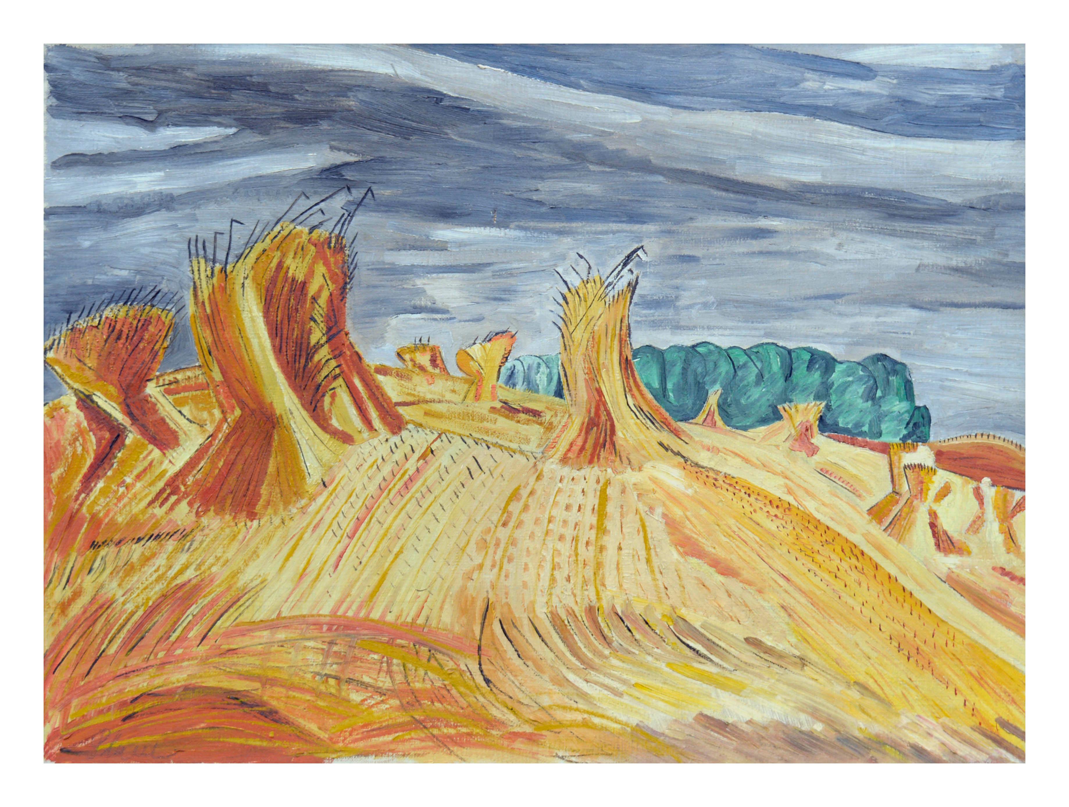 Modernist Wheat Sheaves Landscape - Painting by Eleanor Walls Plau (Plaw) 