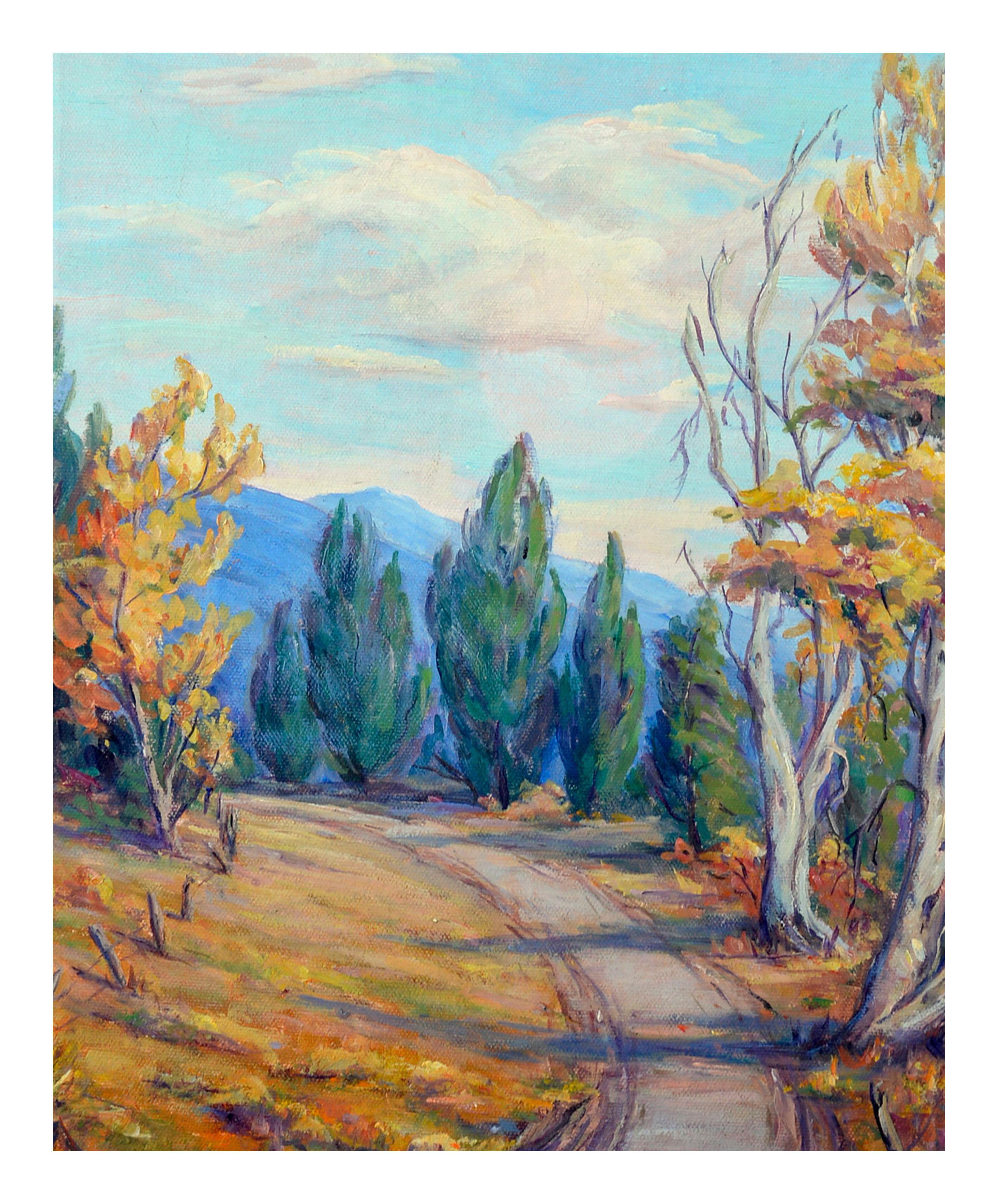 Mid Century High Mountain Road Landscape – Painting von Myrtle Sue Redford