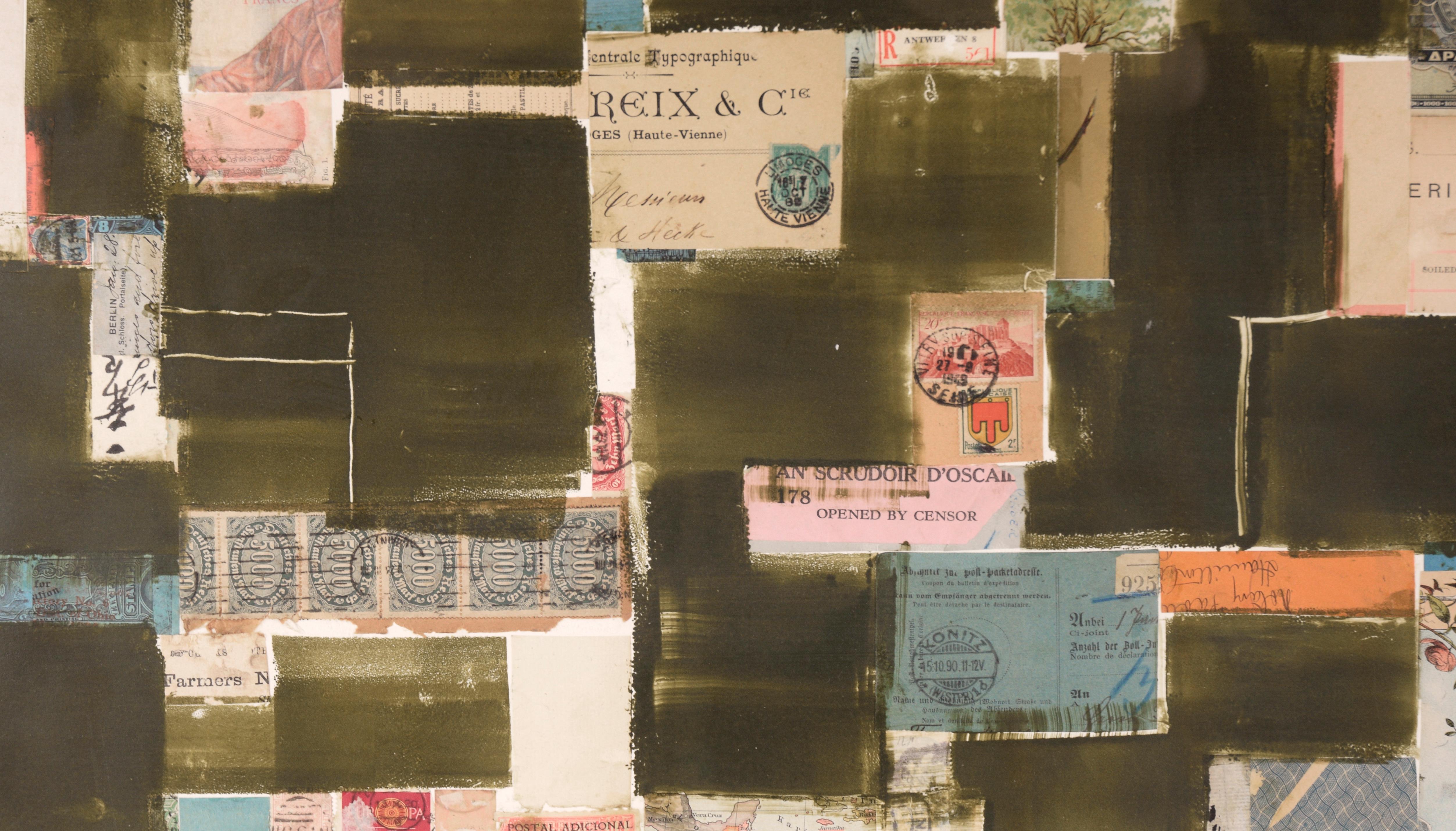 „“Son Temps“, zeitgenössische abstrakte Fundstück-Collage mit Aquarellfarben im Angebot 1