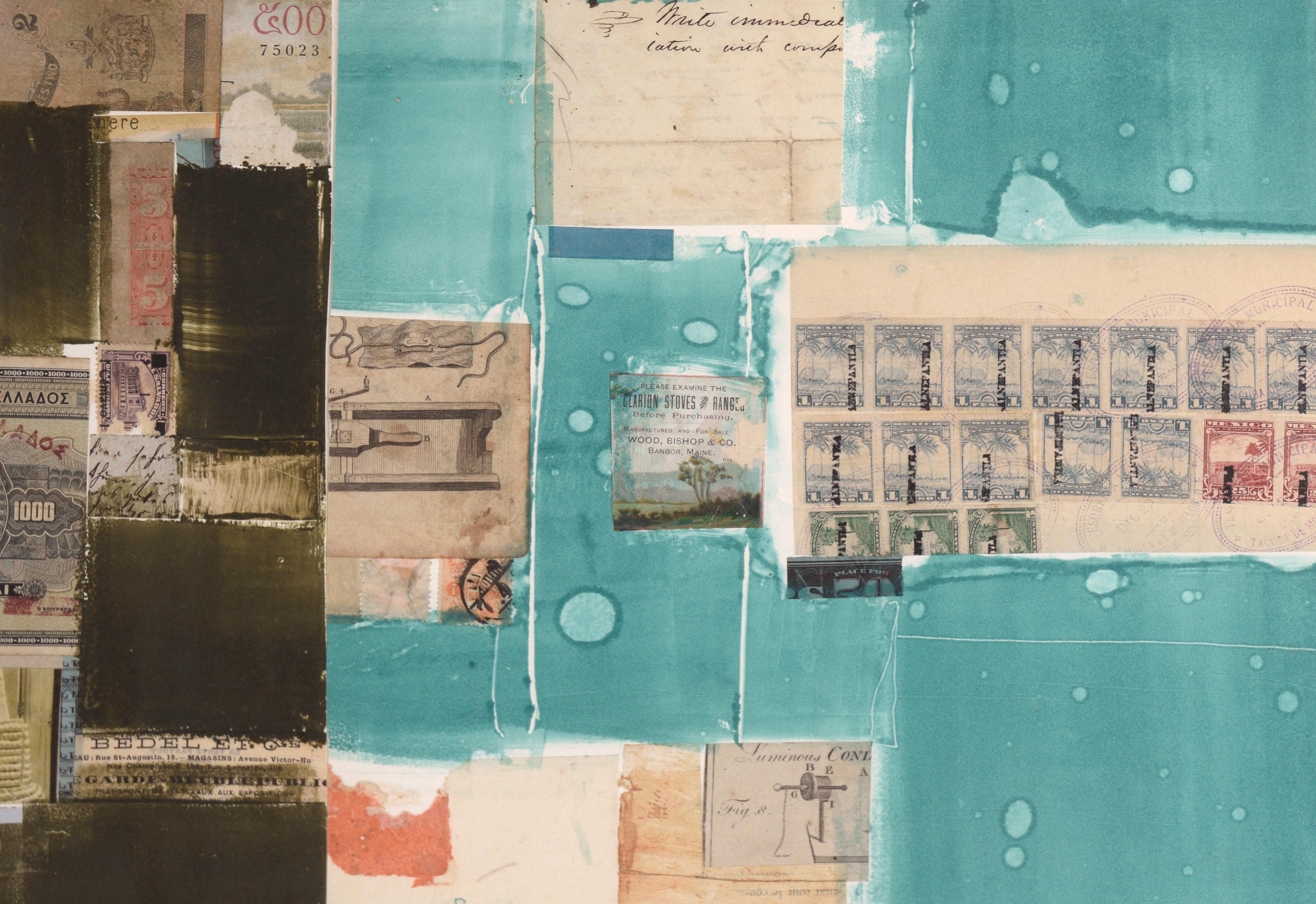„“Son Temps“, zeitgenössische abstrakte Fundstück-Collage mit Aquarellfarben (Beige), Abstract Painting, von Michael Pauker 