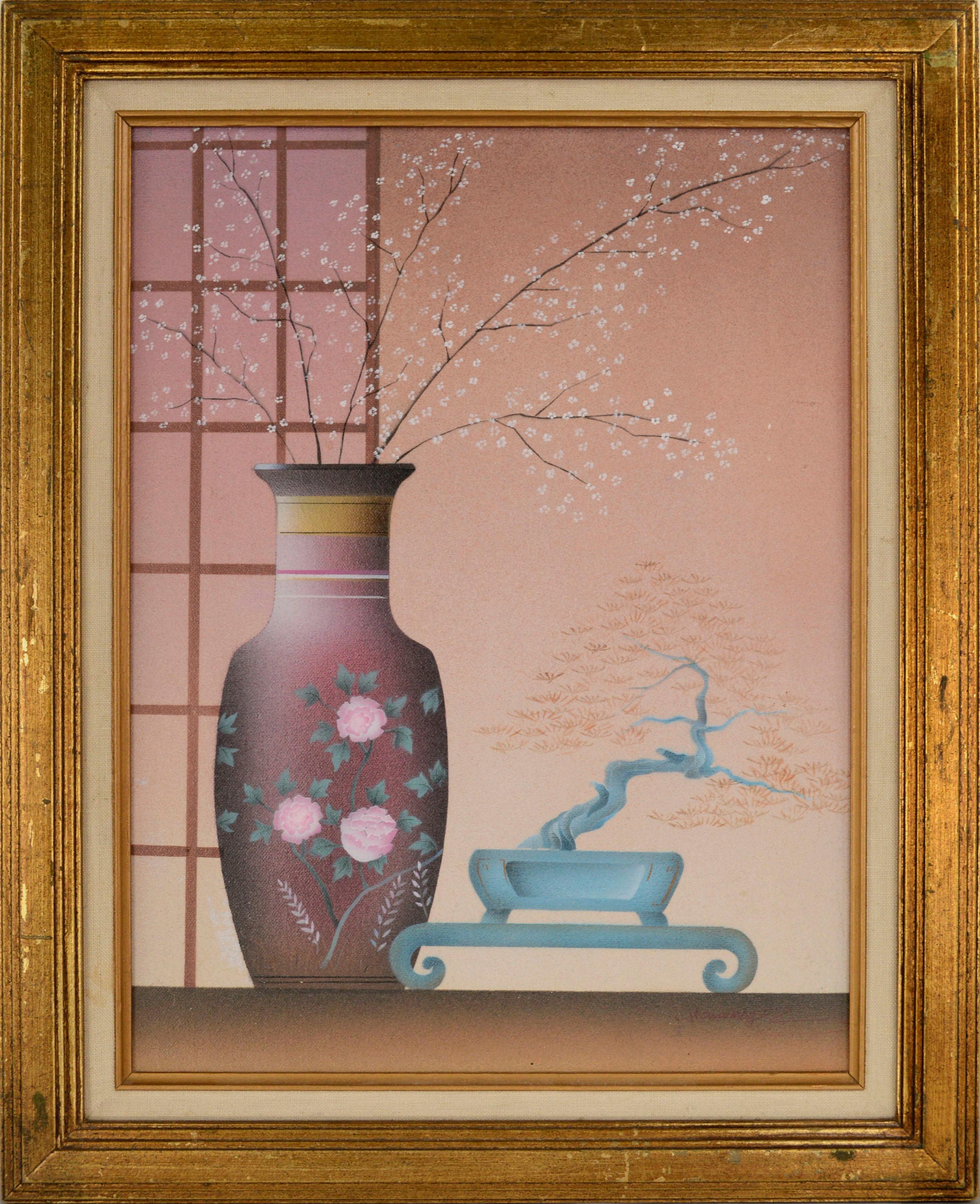 Unknown Interior Print – Moderne moderne geblümte Vase & Bonsai-Stillleben-Pochoir