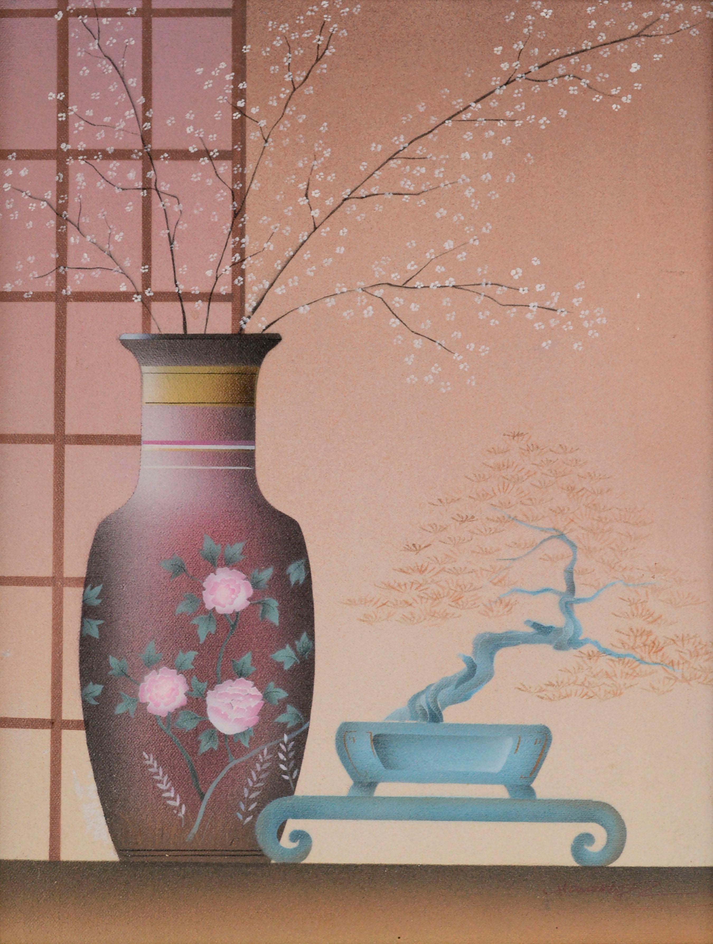 Moderne moderne geblümte Vase & Bonsai-Stillleben-Pochoir – Print von Unknown