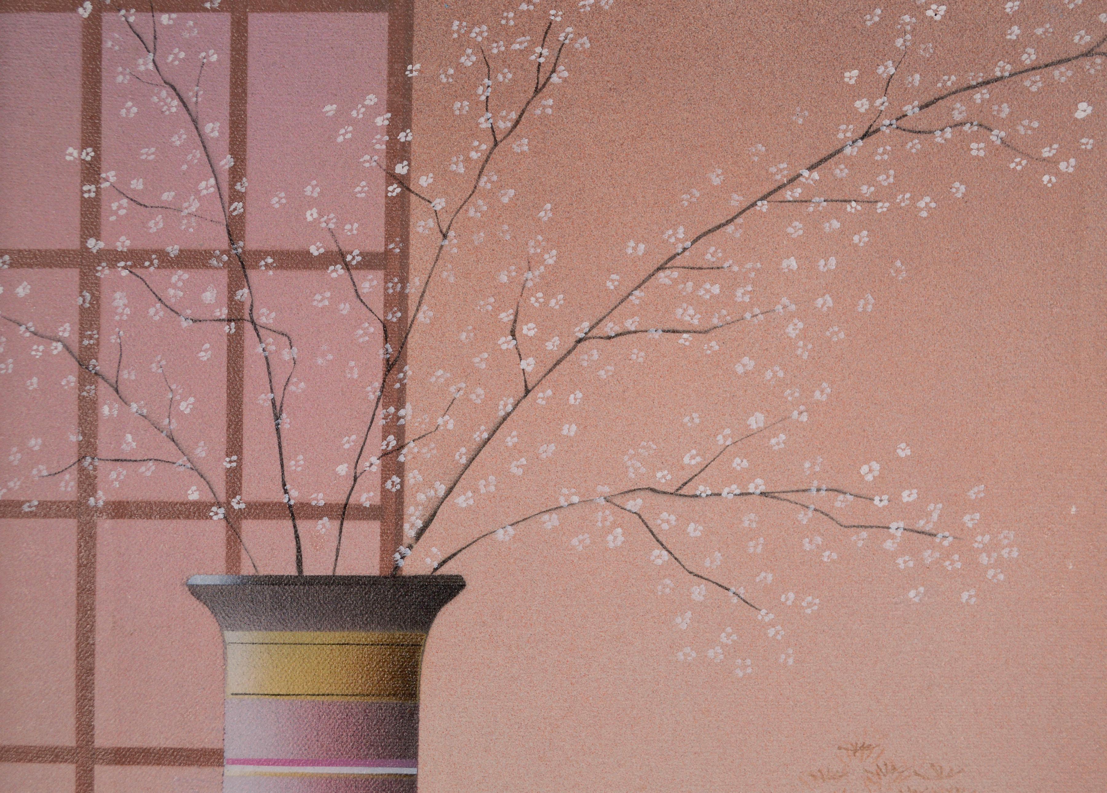Moderne moderne geblümte Vase & Bonsai-Stillleben-Pochoir (Braun), Interior Print, von Unknown