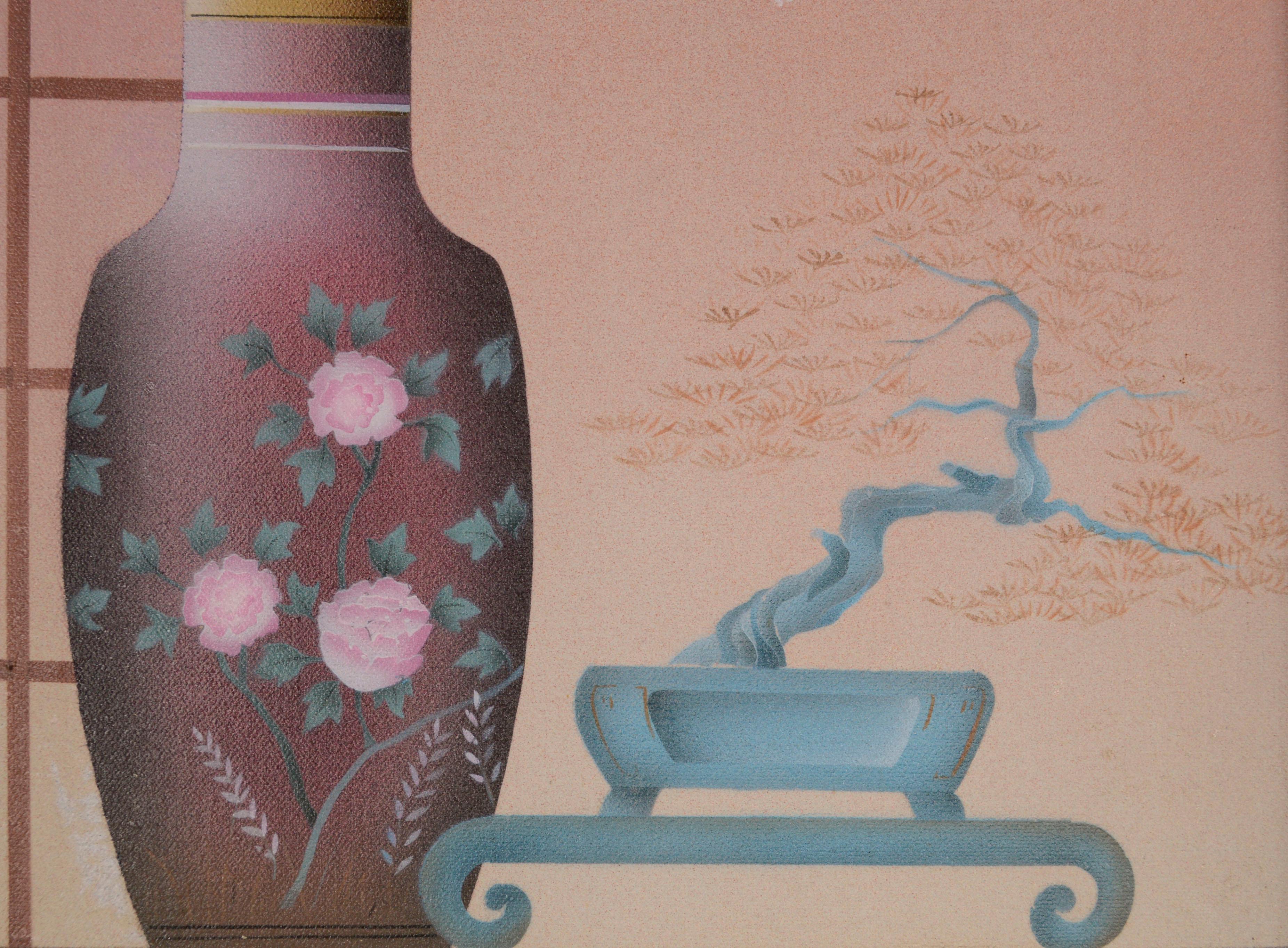 Moderne moderne geblümte Vase & Bonsai-Stillleben-Pochoir (Art déco), Print, von Unknown