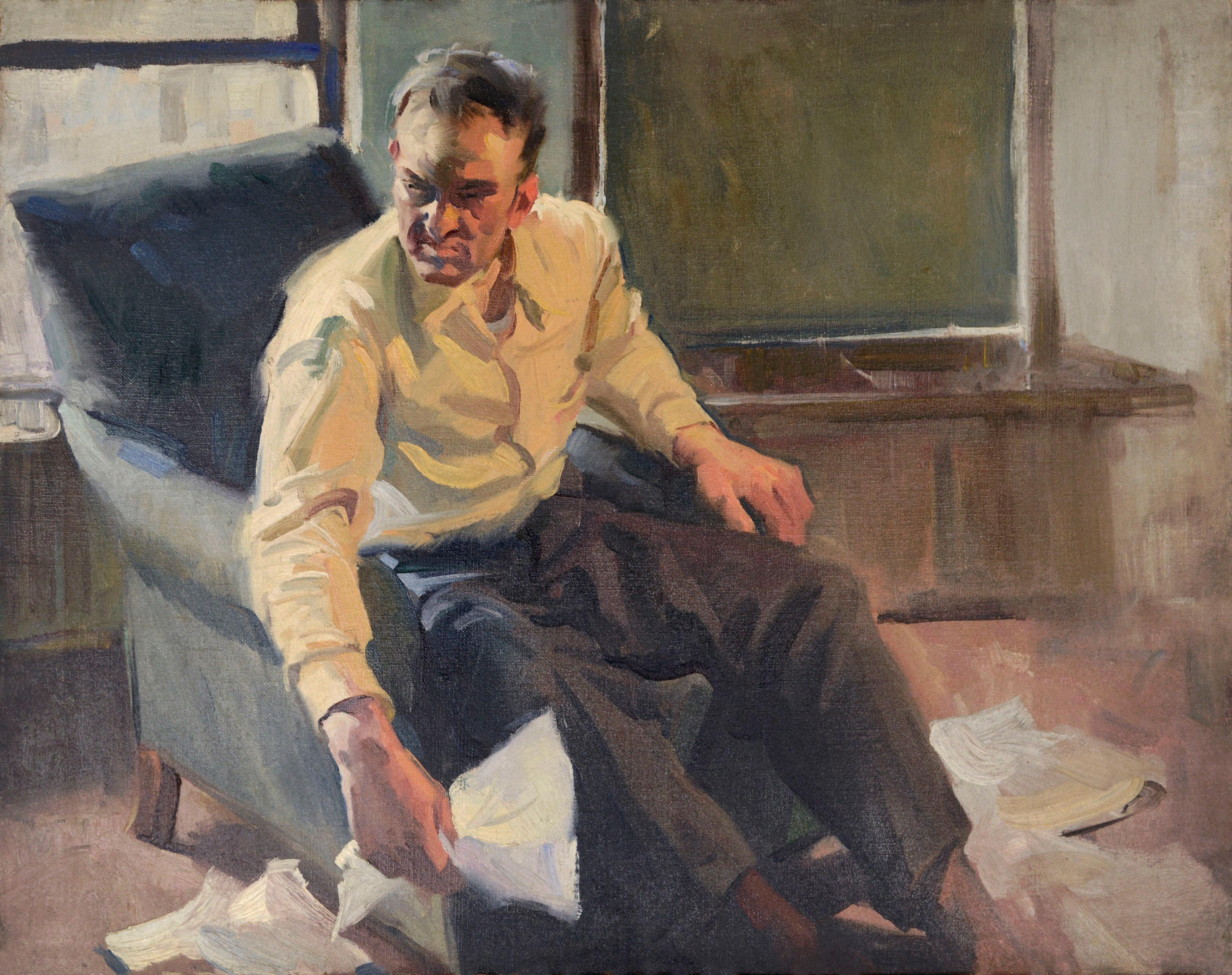 Porträt eines Mannes im Sessel, Kurzgeschichte- Illustration aus der Mitte des Jahrhunderts