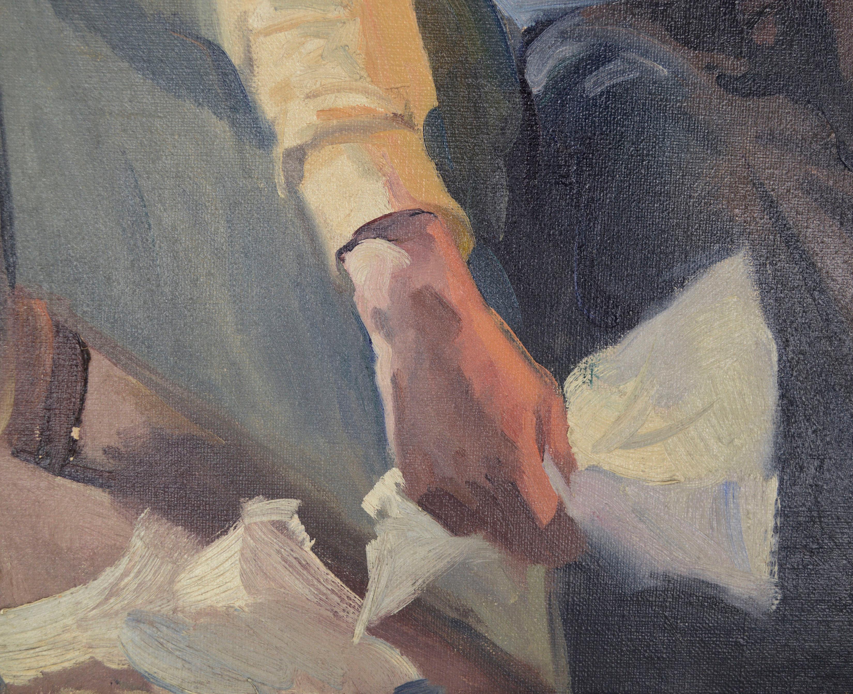 Ritratto di uomo in poltrona, illustrazione di un racconto di metà secolo - Figurative Painting Grigio di Charles Kinghan