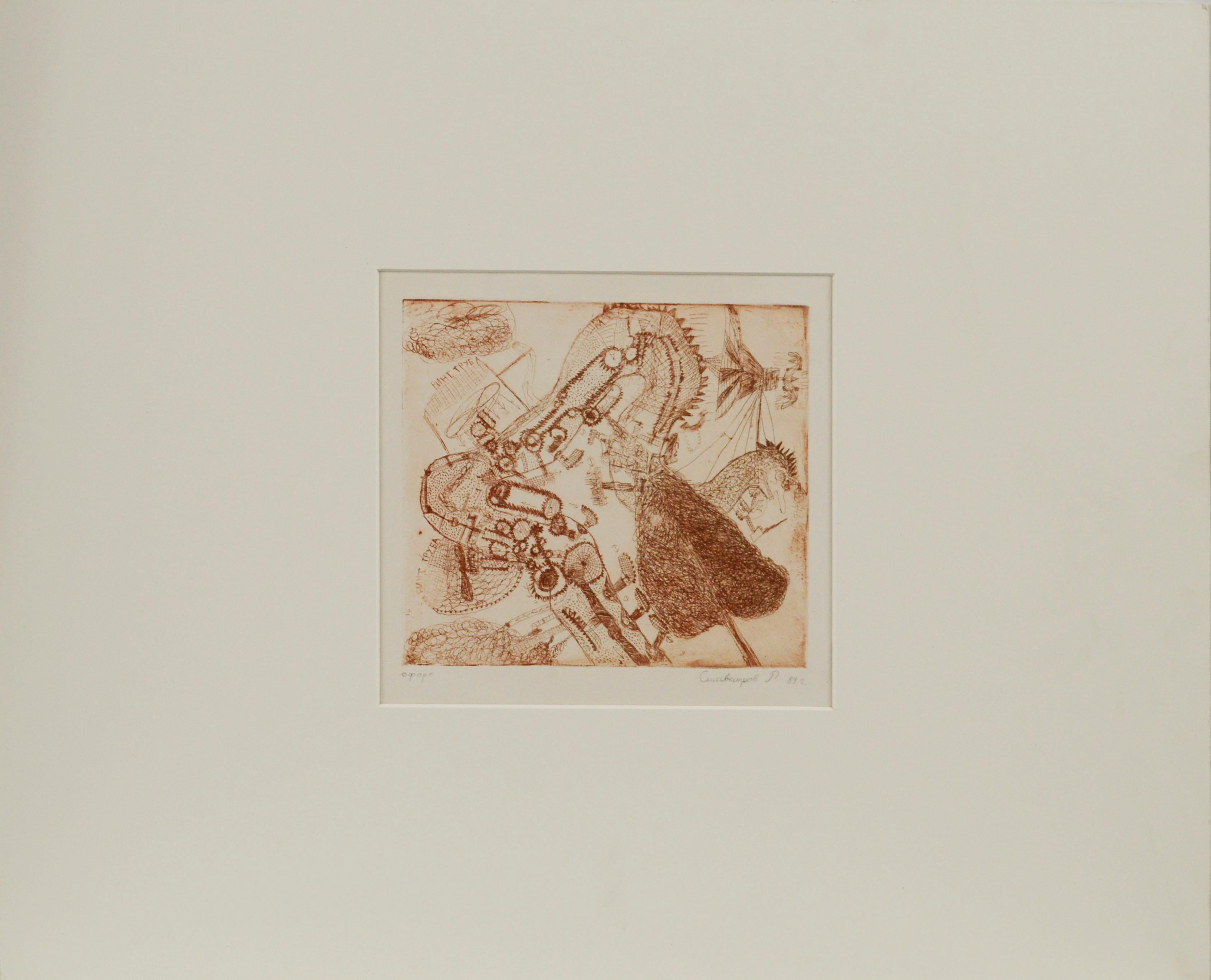 R Silvestre Abstract Drawing - "Ofort / Instantly", Miniature Abstract Expressionist Russian Etching 