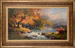 Vintage Autumn Day on the River - Figurative Landscape 