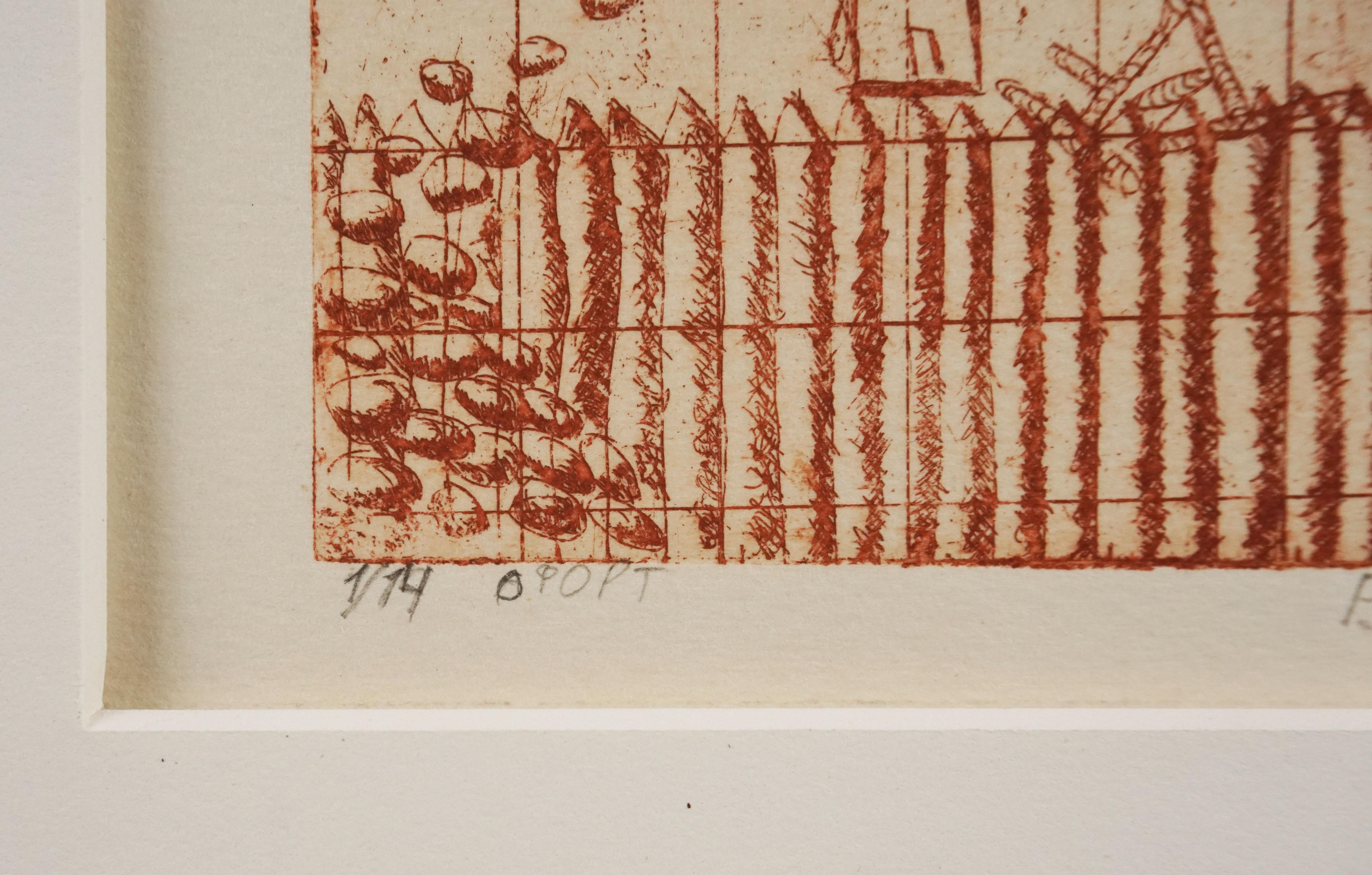 An abstract expressionist miniature etching on paper depicting a bird on a fence, with abstract expressionist animals floating in the sky by R. Silvestrov (Russian, 20th Century). Signed and titled in Russian, lower left. Presented in a white mat.