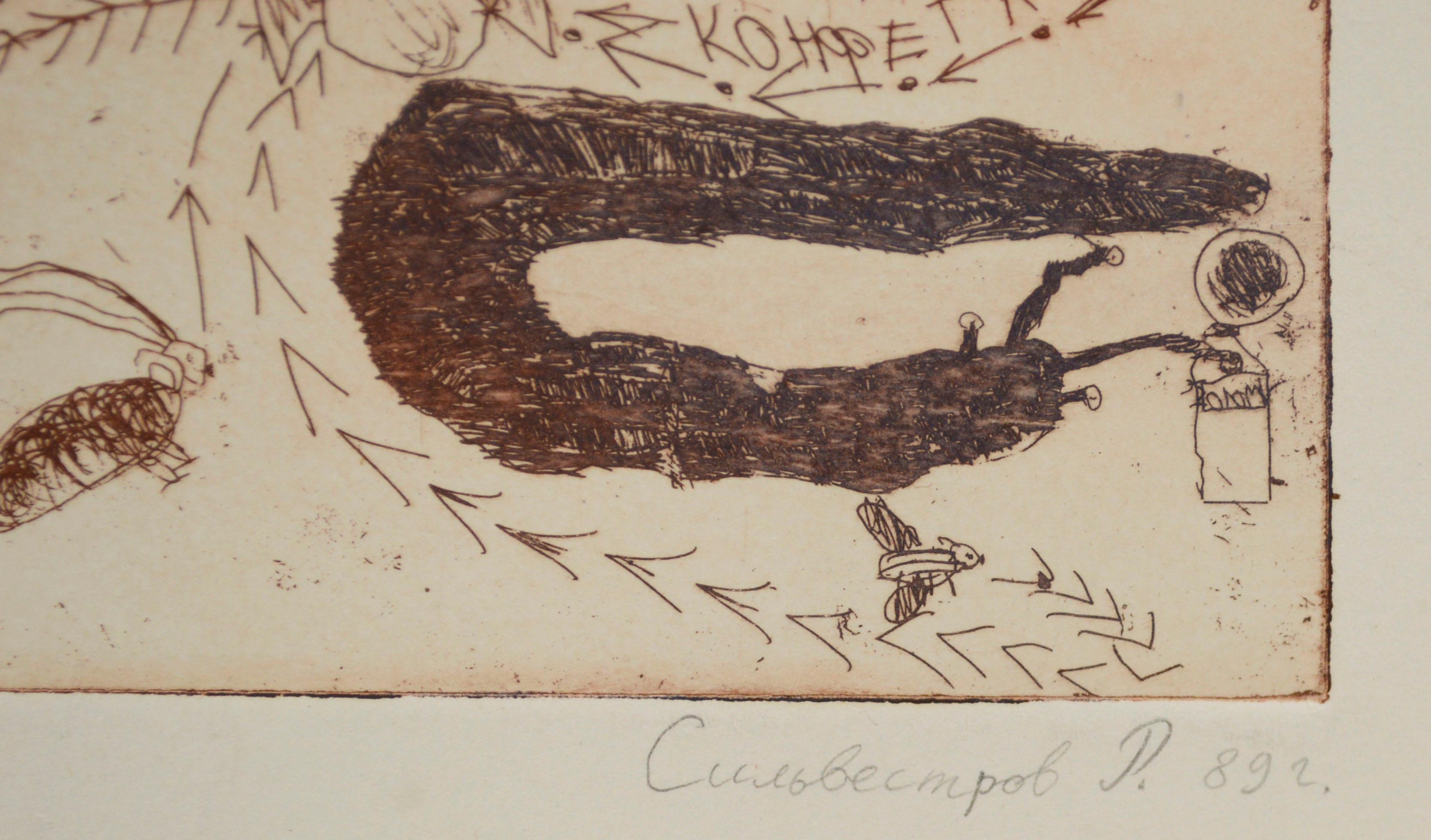 Eine abstrakte expressionistische Miniaturradierung auf Papier, die eine Vielzahl verschiedener Insekten darstellt, die einer Pfeillinie folgen, von R. Silvestrov (Russisch). Signiert und datiert in Russisch unten rechts und betitelt in Russisch
