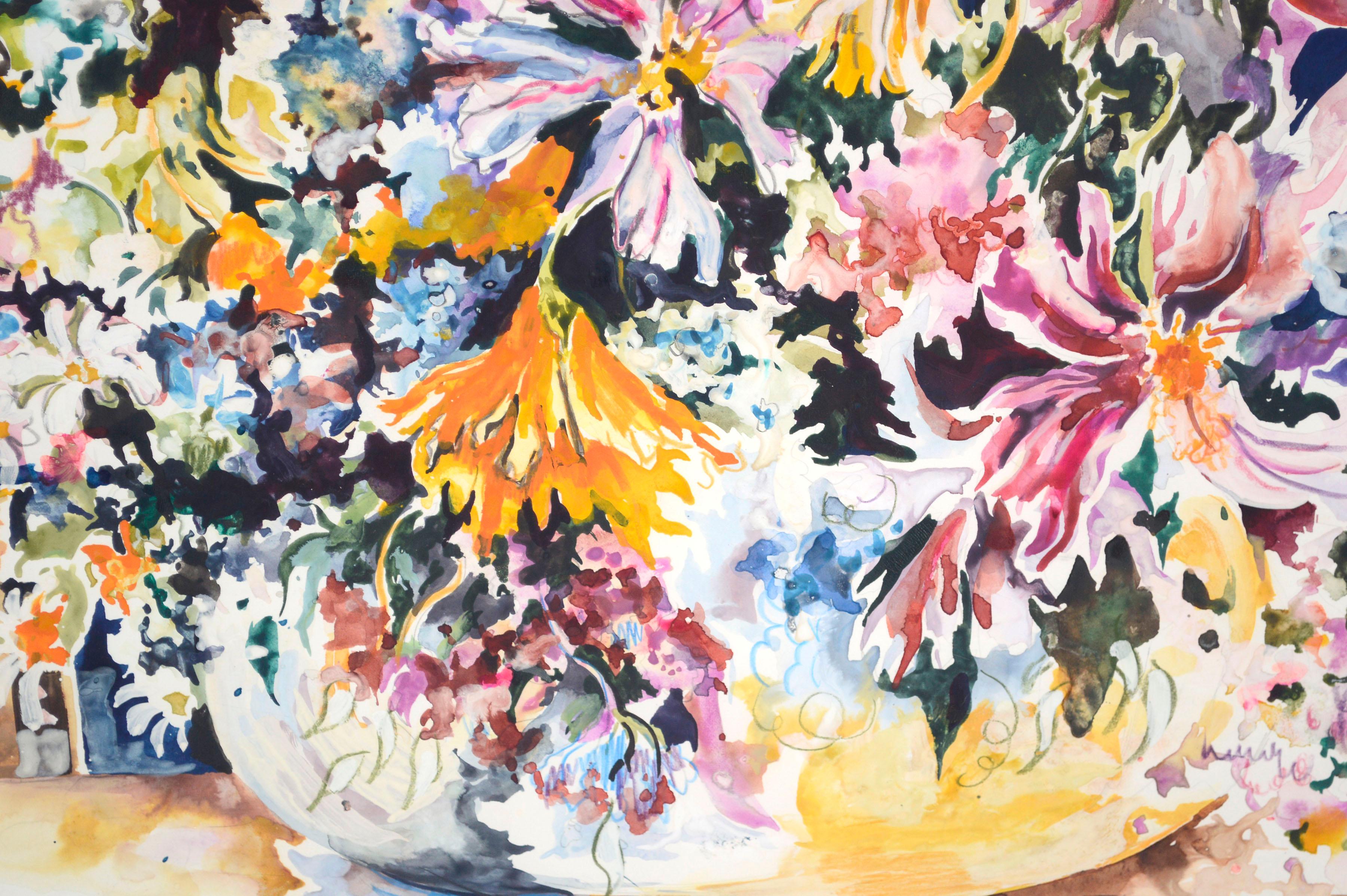 Frühlingsblumenstrauß, großformatiges florales Aquarell-Stillleben  (Grau), Interior Art, von Royce Thyberg Gordon