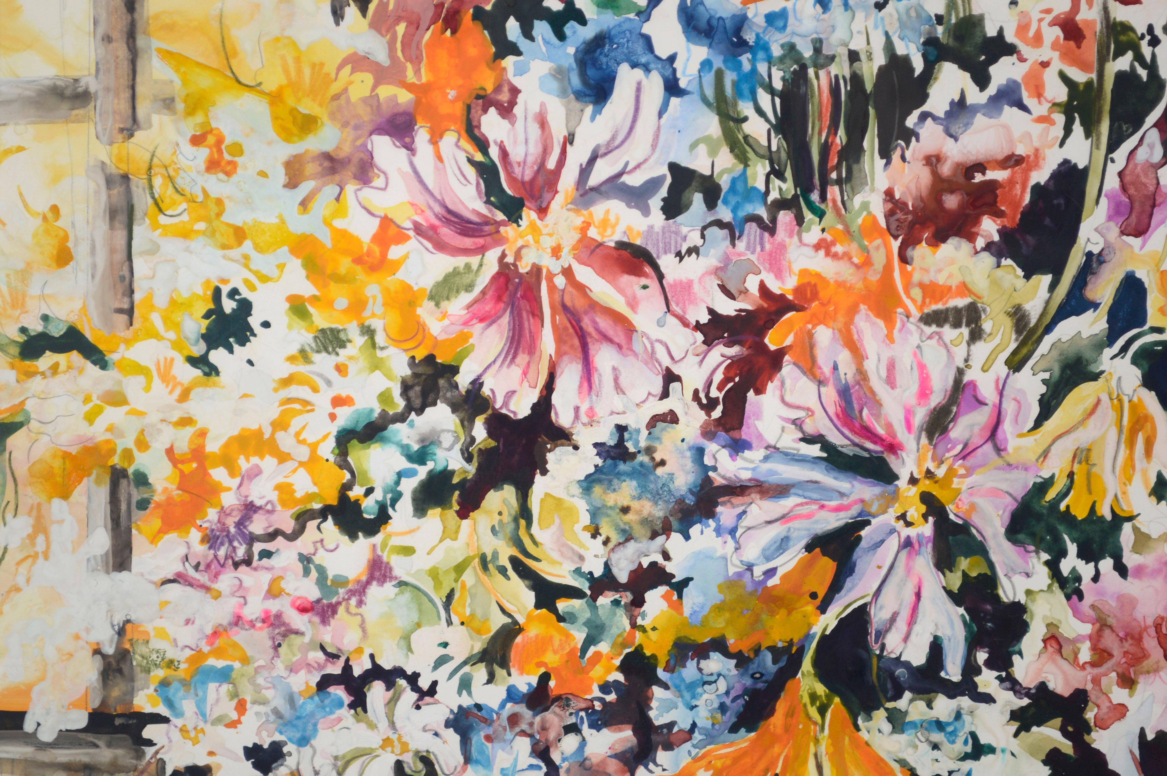 Farbenfrohe Blumen stehen im Vordergrund dieses großformatigen Aquarells eines blühenden Frühlingsstraußes des kalifornischen Künstlers Royce Thyberg Gordon (Amerikaner, 1938-2021). Signiert 