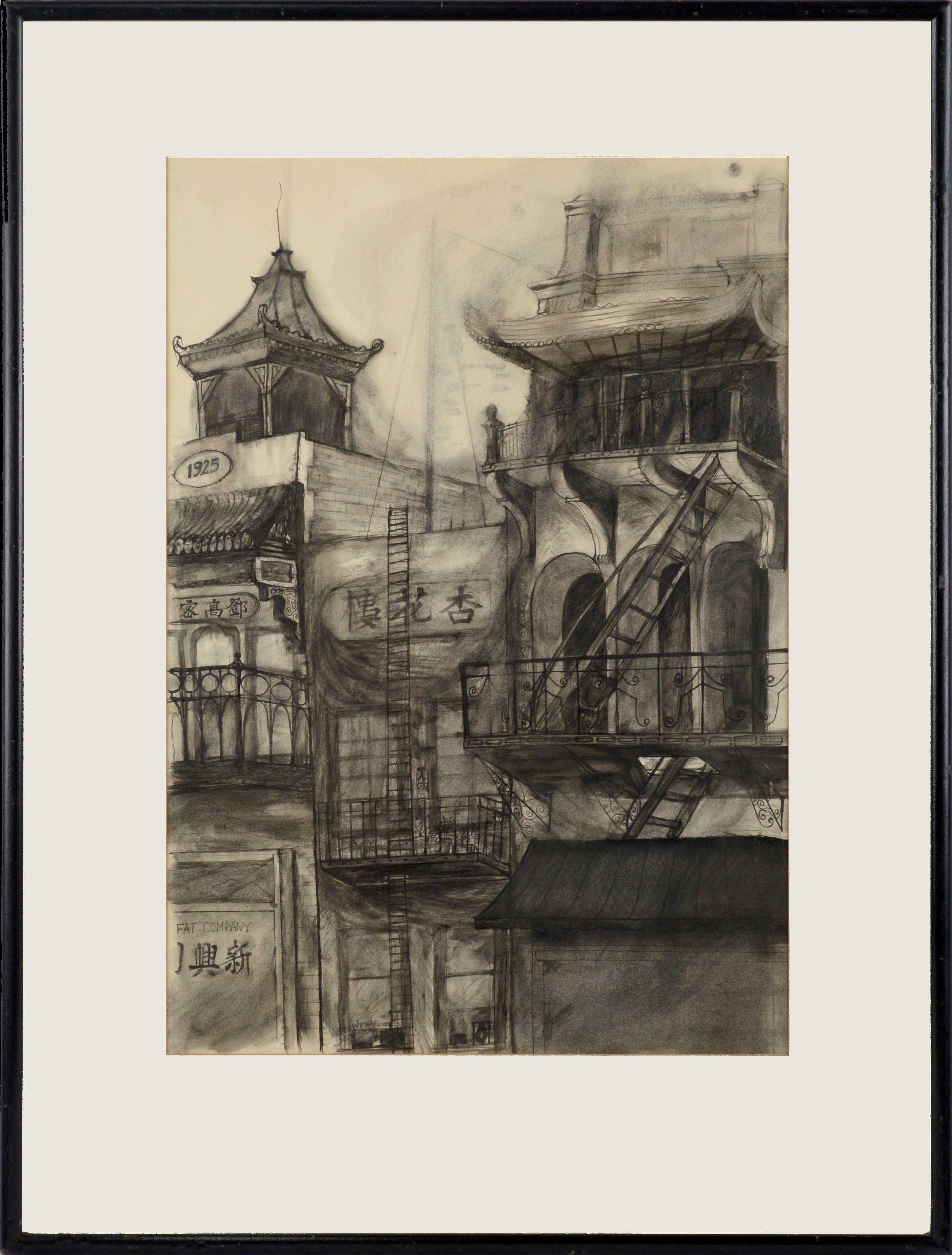 Victor Wong Landscape Art - Mid Century San Francisco China Town Urban Landscape Drawing 