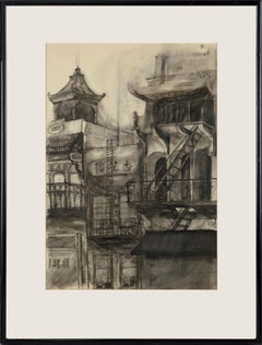 Vintage Mid Century San Francisco China Town Urban Landscape Drawing 