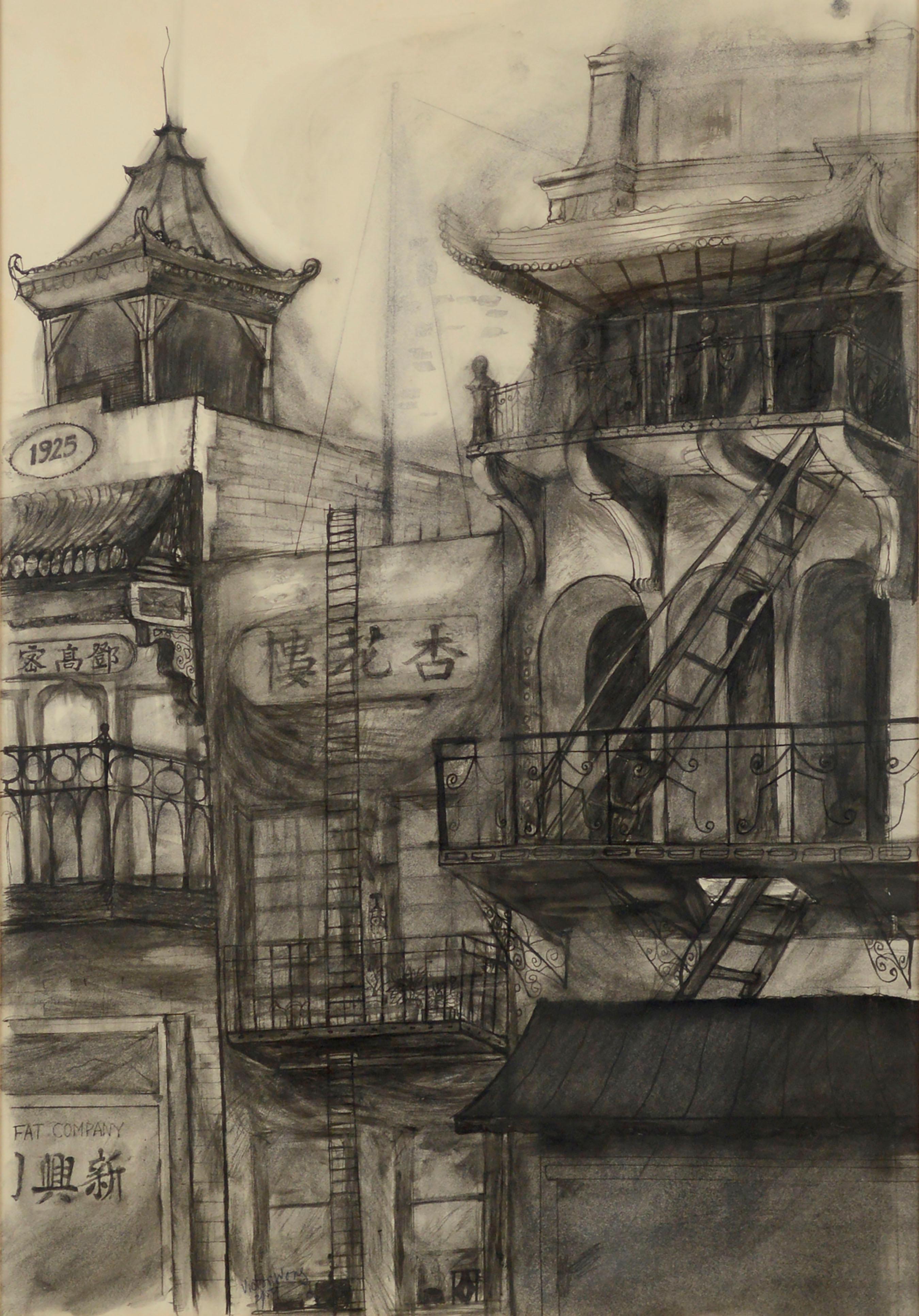 Mid Century San Francisco China Town Urban Landscape Drawing  - Art by Victor Wong
