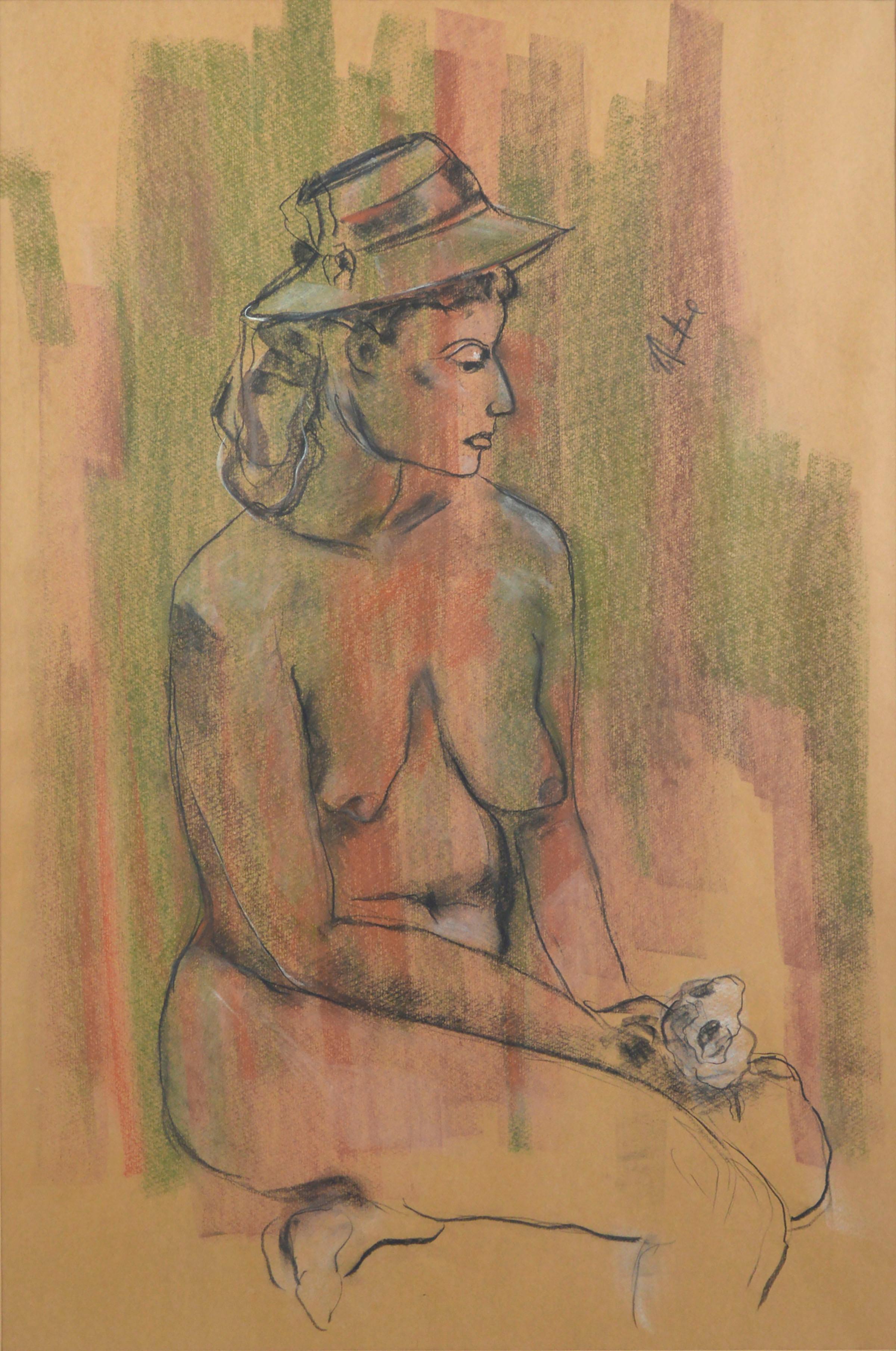 Mid Century Seated Nude Figure with Rose  - Art by Louis Nadalini