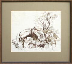 On  the Hunt - Early 20th Century Figurative Drawing with Dogs