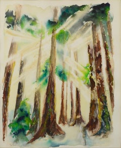 "Muir Woods", Sunlit Redwoods Figurative Landscape Watercolor by Jill Pless