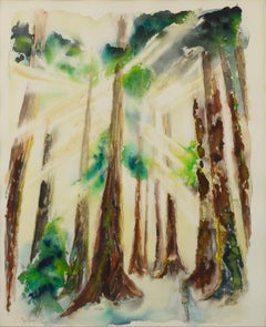 « Muir Woods », aquarelle de paysage figuratif en bois rouges éclairés par Jill Pless