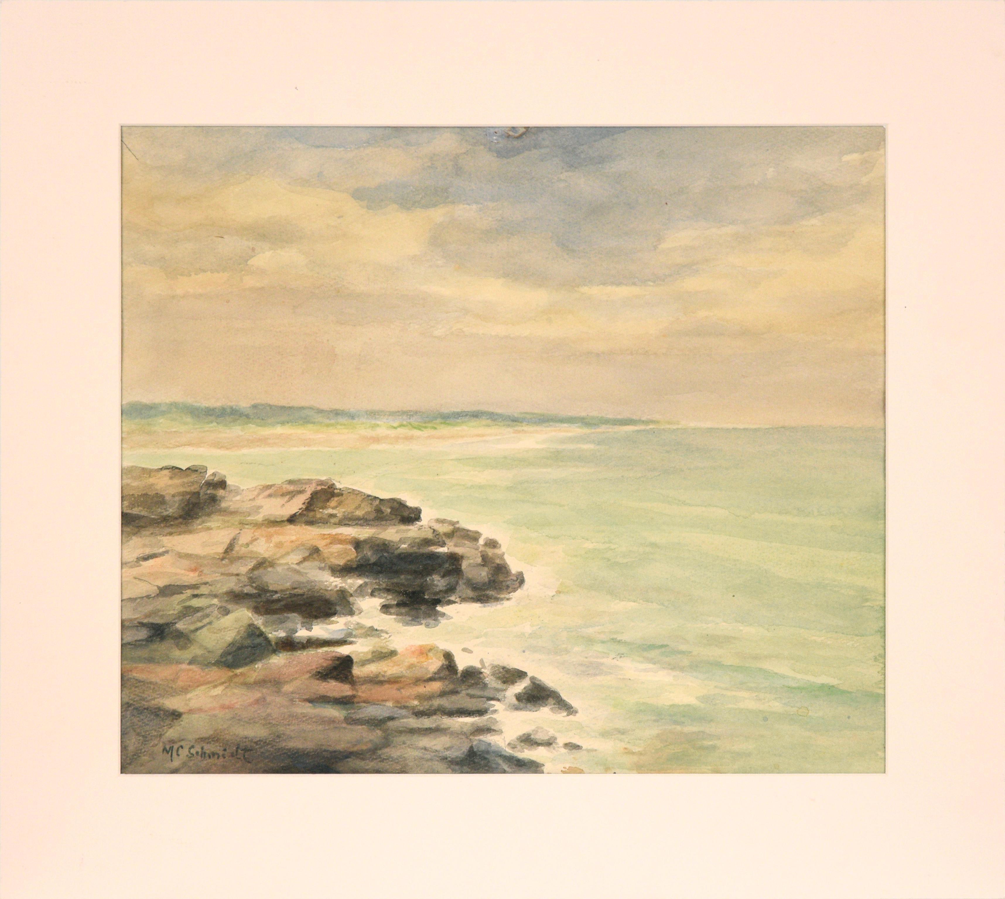 M. C. Schmidt Landscape Art - Rocky Shore, Mid Century Watercolor Seascape