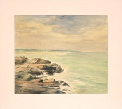 Vintage Rocky Shore, Mid Century Watercolor Seascape