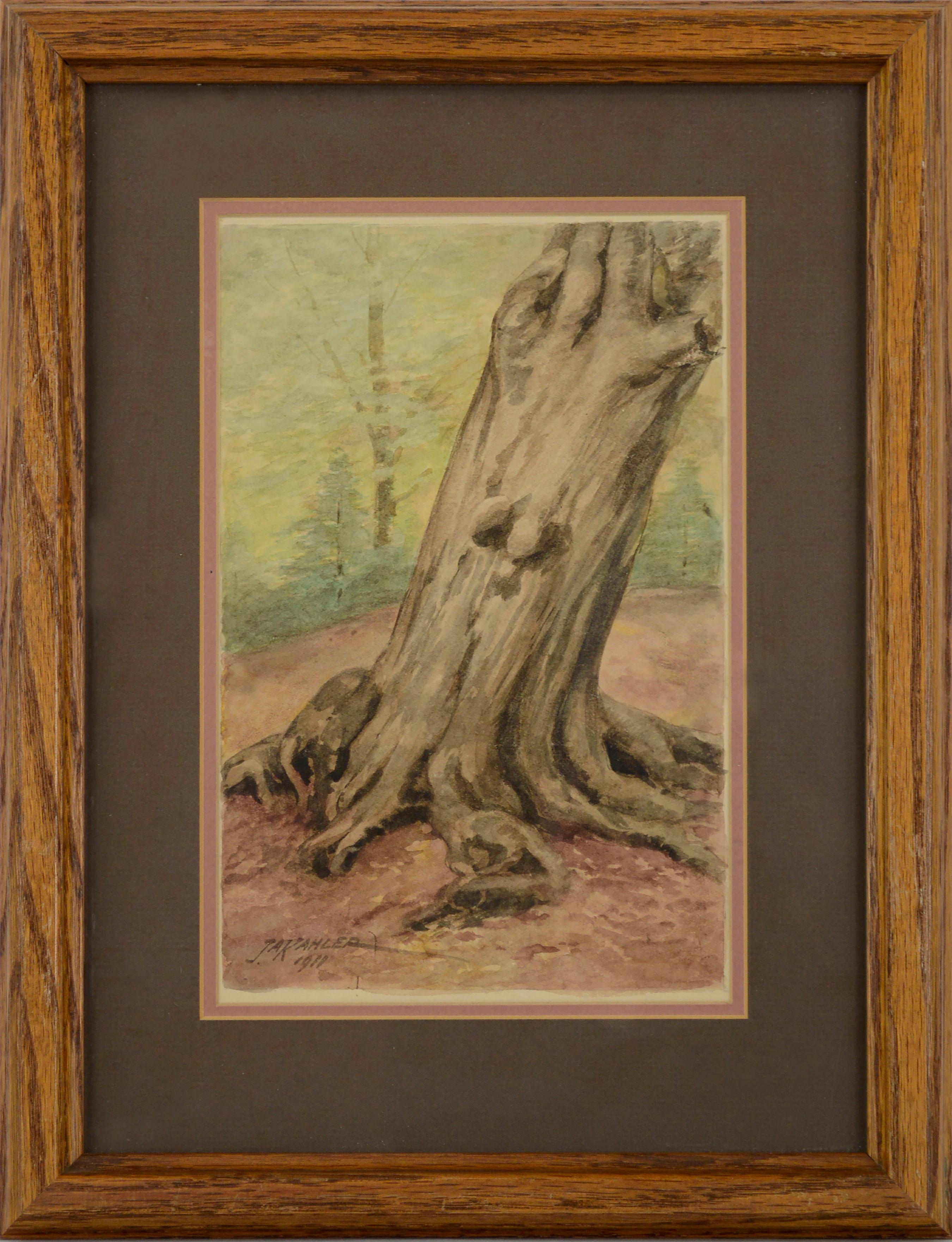 Joseph Anthony Kahler  Landscape Art - Old Sycamore Tree, Early 20th Century Forest Landscape Watercolor