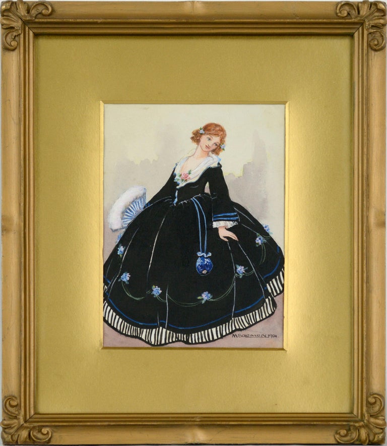 M. Solomon Figurative Art - 1920's Historical Fashion Illustration of Lady in 17th Century Dress 