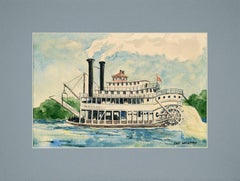 "Nellie" Steamship - Maritime Figurative Landscape Watercolor 