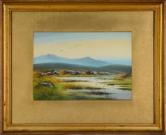 Aquarelle - Paysage de prairies paisibles en marbre avec oiseaux, années 1920 