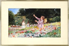 "On the Breeze", Girls Playing in Wildflower Field Figurative Landscape W/C