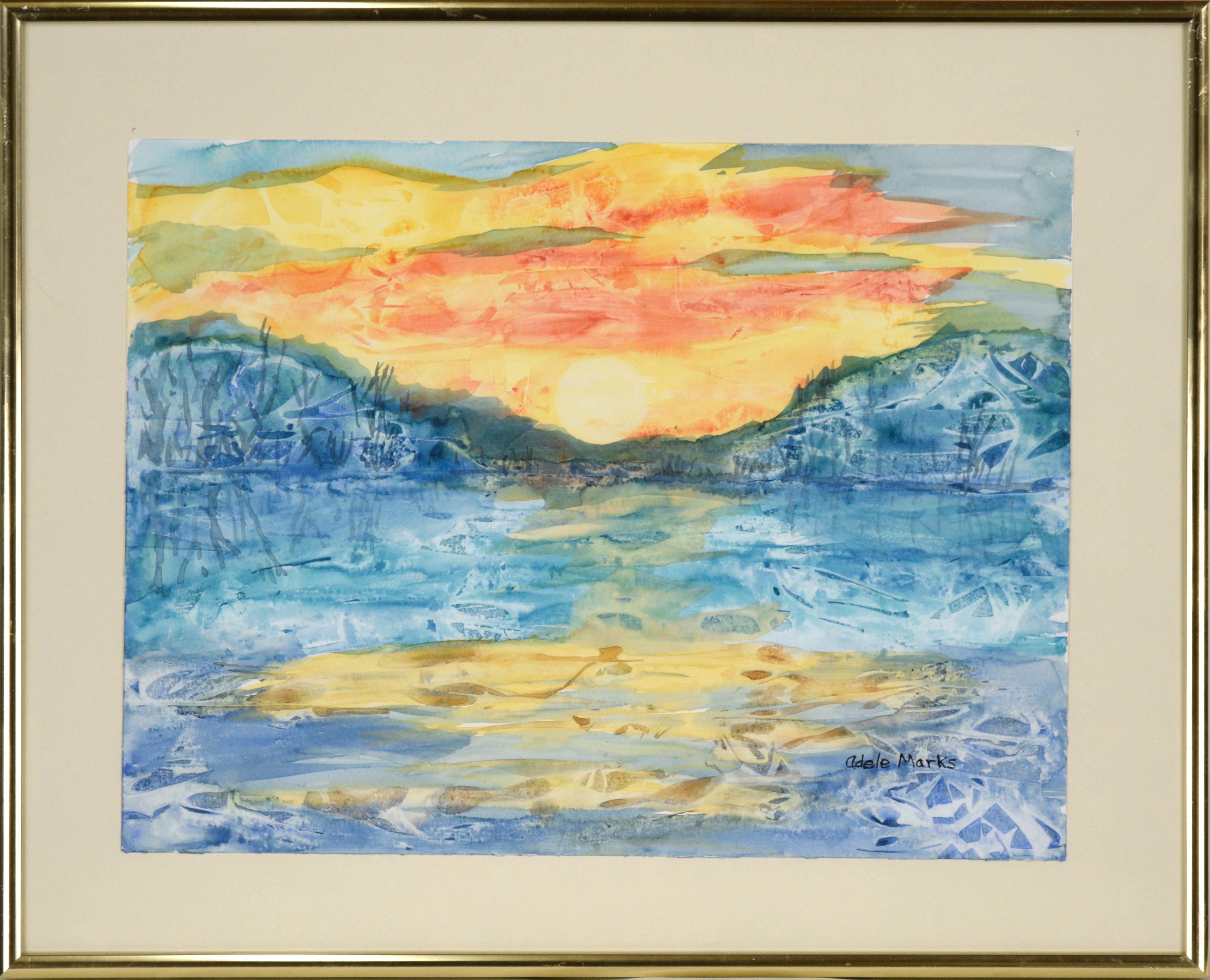 Adele Marks Landscape Art - Fiery Sunset Over the Lake - Abstracted Landscape