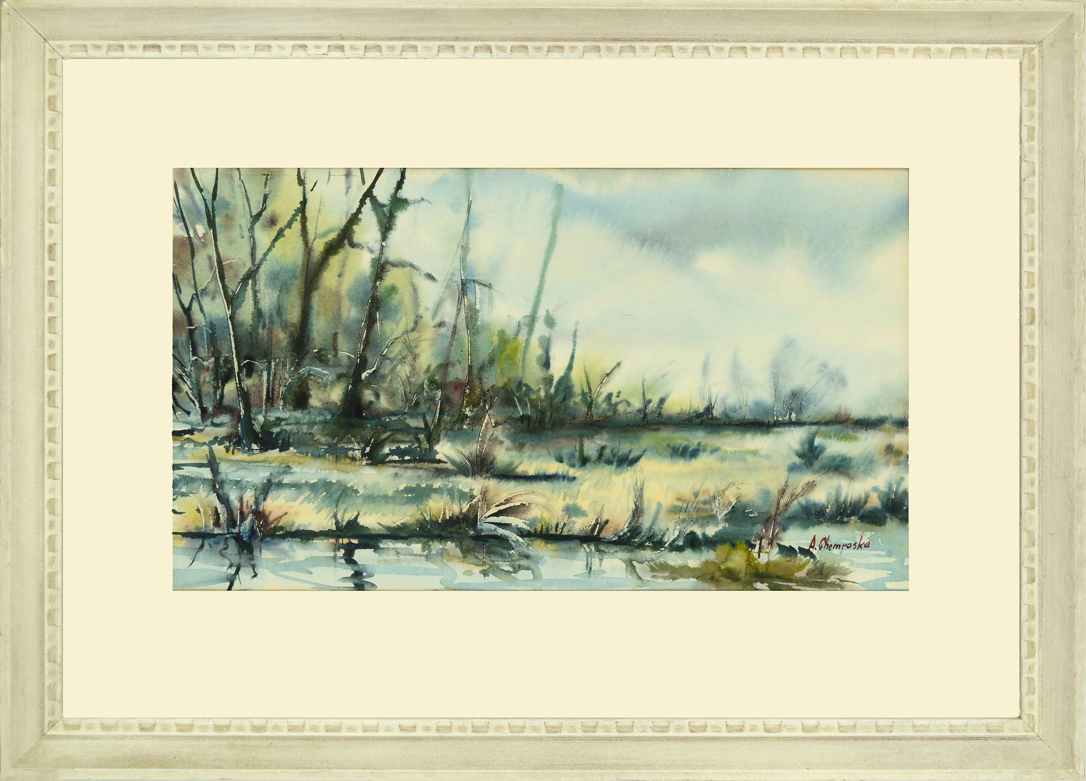 Anthony Shemroske Landscape Art - Wetland Trees Reflections, Mid Century Landscape Watercolor 