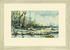 Wetland Trees Reflections, Mid Century Landscape Watercolor 
