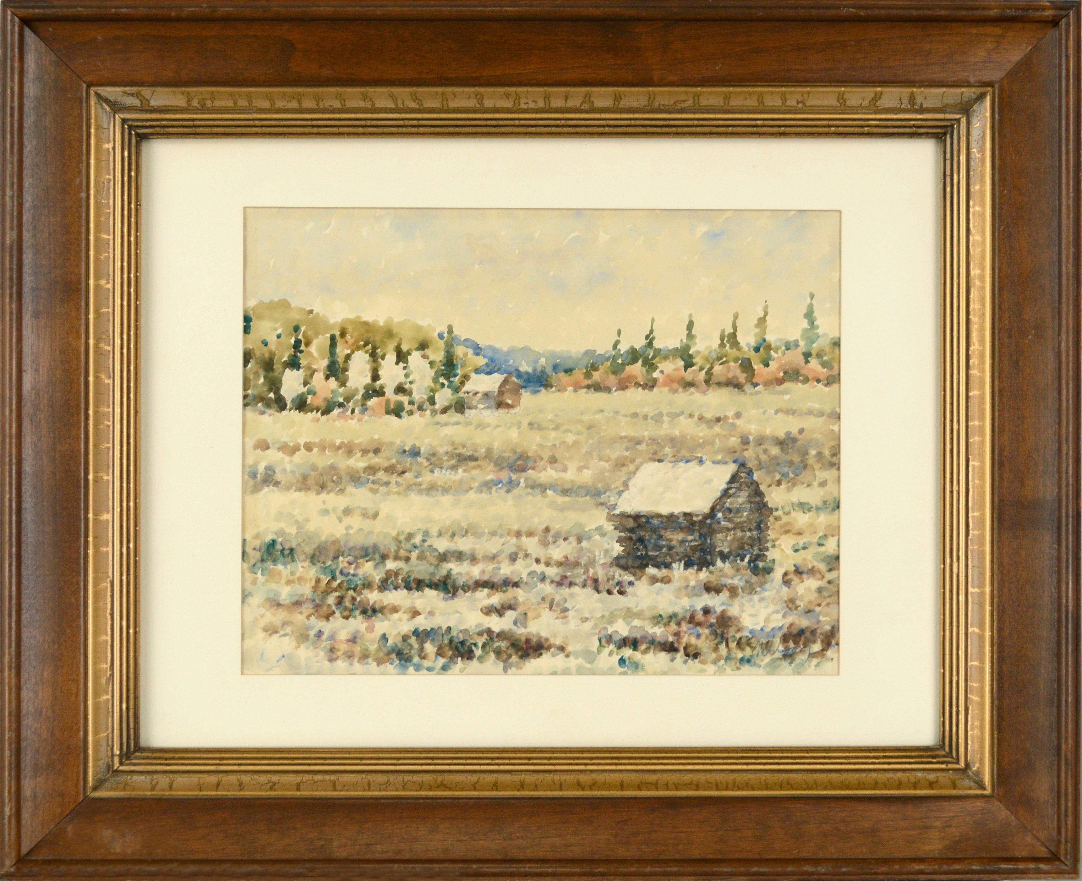 Landscape Art T. Nilson - Aquarelle d'un paysage de cabane de campagne pointiliste du milieu du siècle dernier 