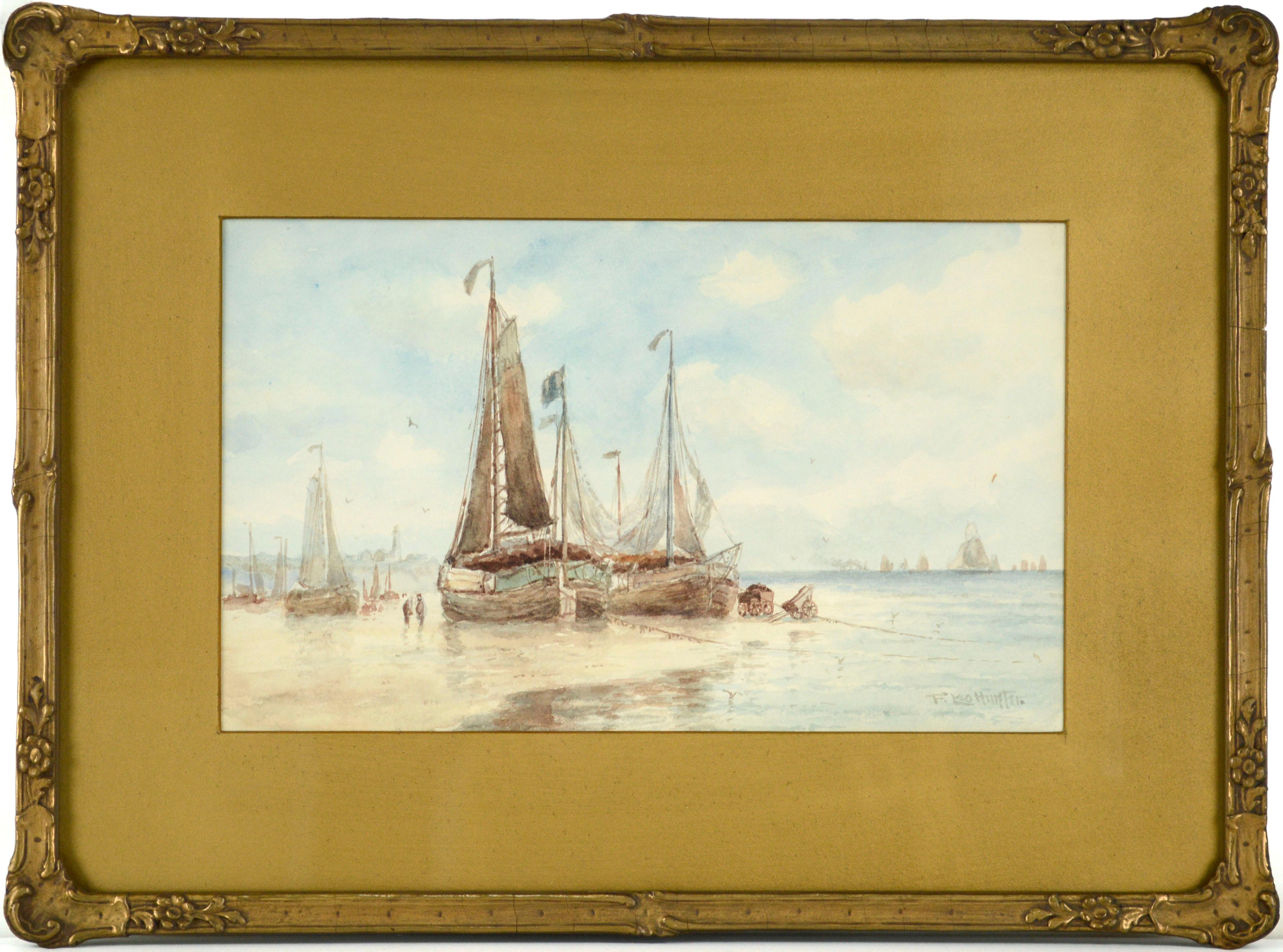 Frederick Leo Hunter Landscape Art – Segelboote im Hafen, figuratives Landschaftsaquarell des frühen 20. Jahrhunderts