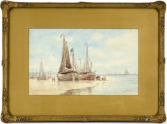 Veleros en el puerto, acuarela de paisaje figurativo de principios del siglo XX