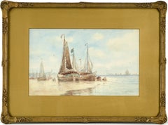 Vintage Sailboats in the Harbor, Early 20th Century Figurative Landscape Watercolor