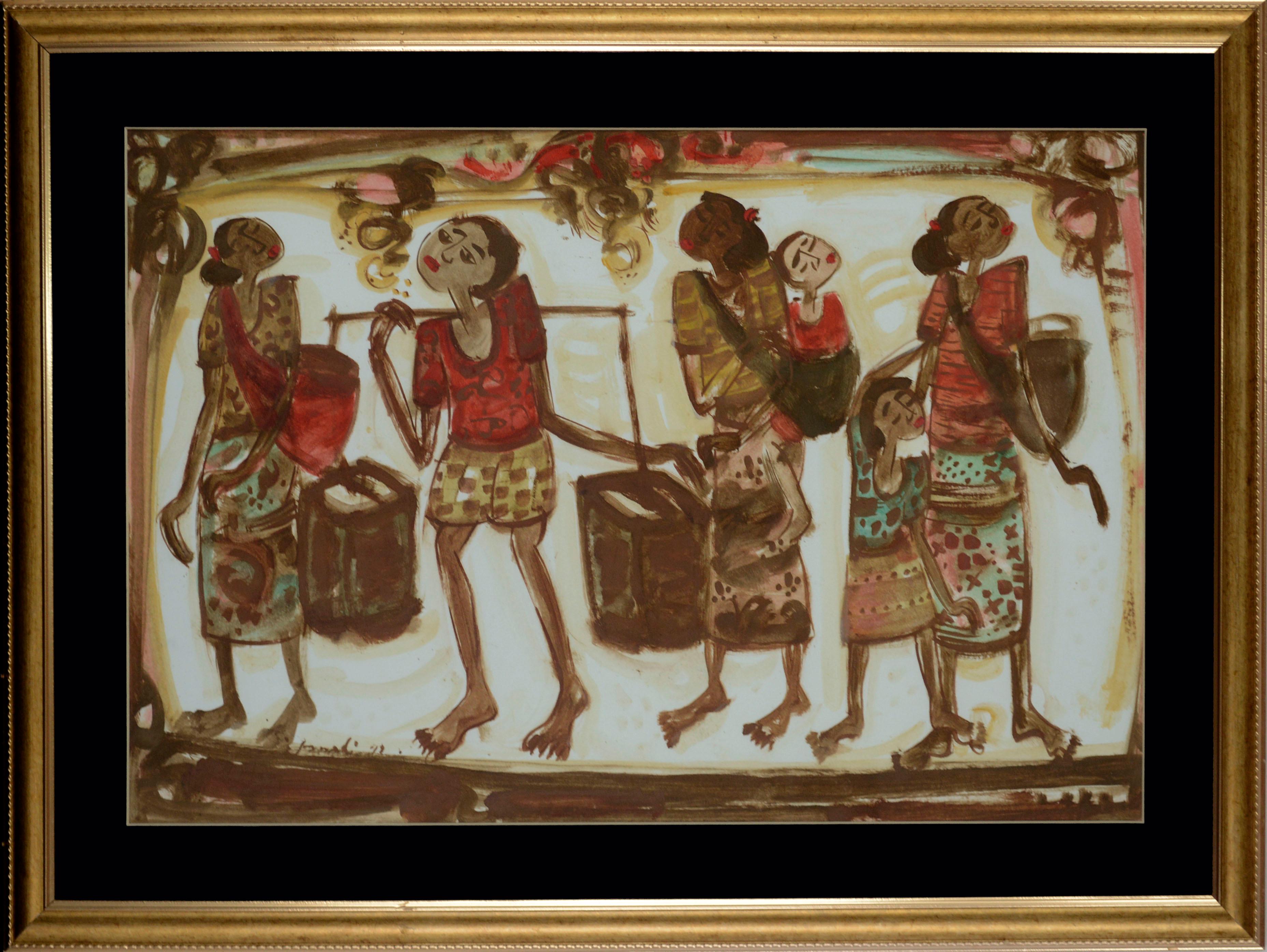 Women Carrying Baskets with Children, Figurative Gouache on Paper 