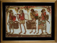 Women Carrying Baskets with Children, Figurative Gouache on Paper 