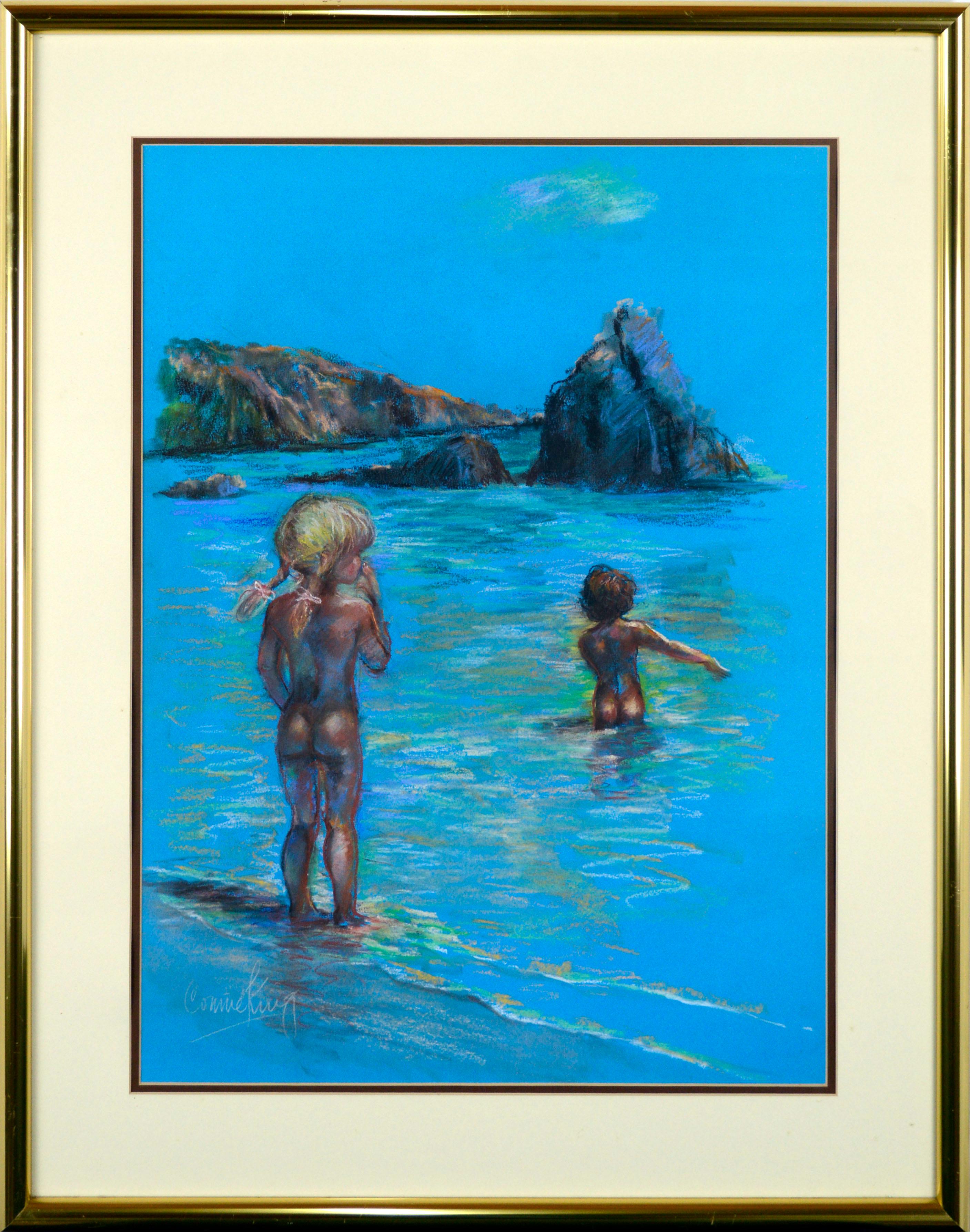 Kinder am Strand, pastellfarbene figurative Küstenlandschaft auf elektrischem Blau 